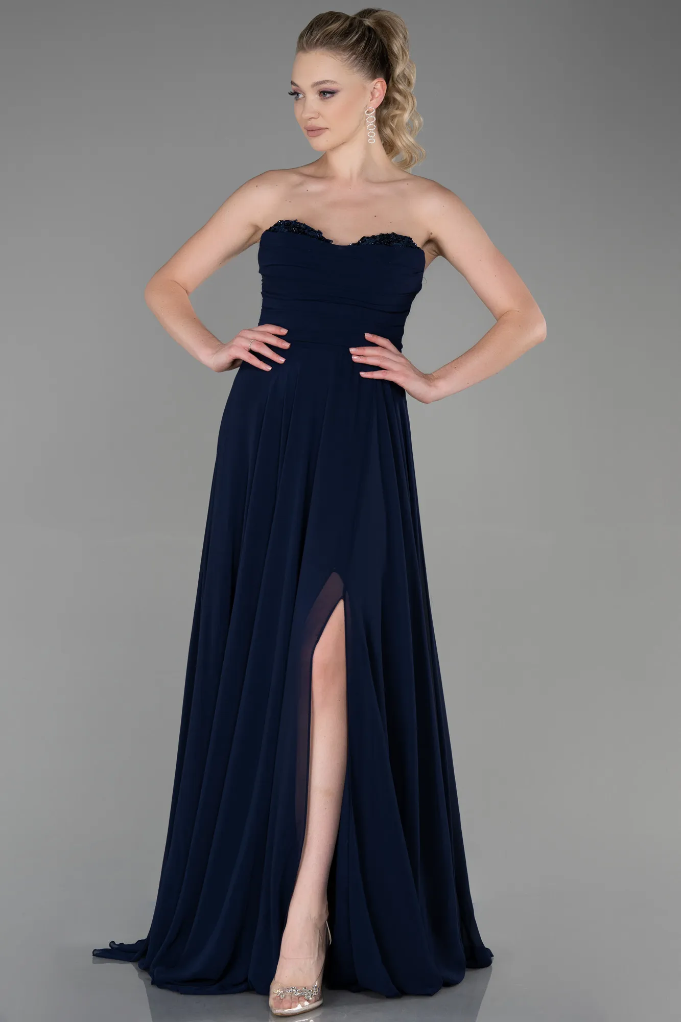 Navy Blue-Long Chiffon Evening Dress ABU3343