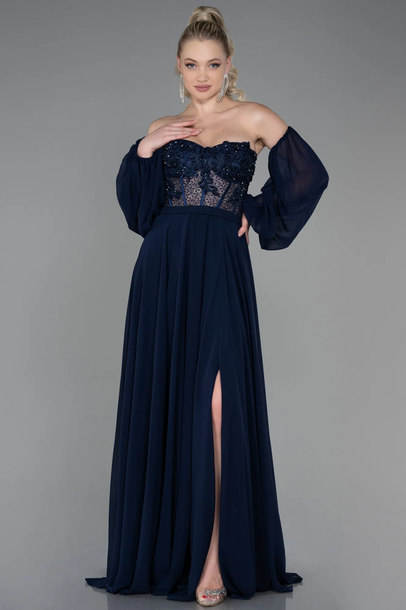Navy Blue-Long Chiffon Evening Dress ABU3450