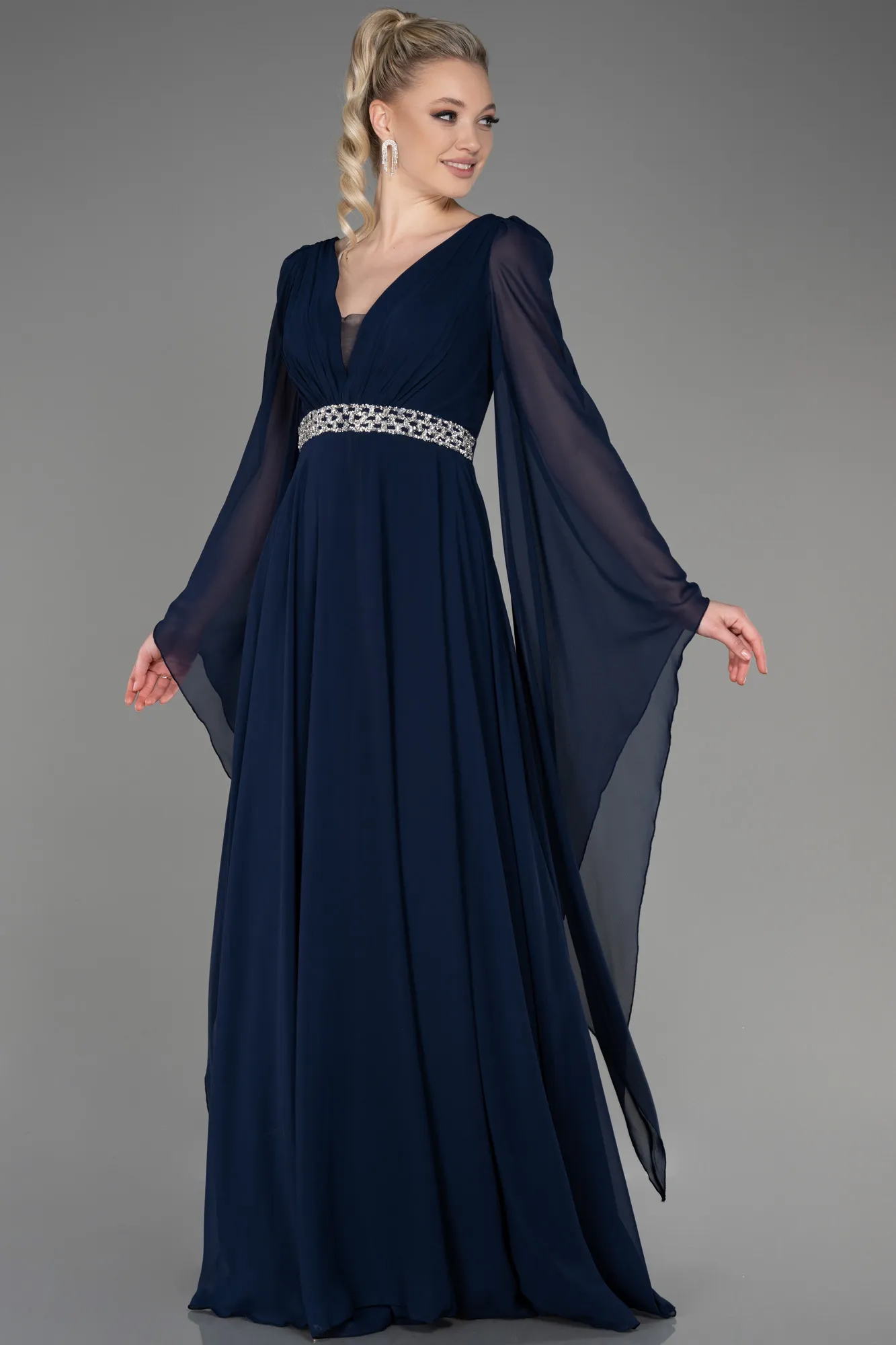 Navy Blue-Long Chiffon Evening Dress ABU3541