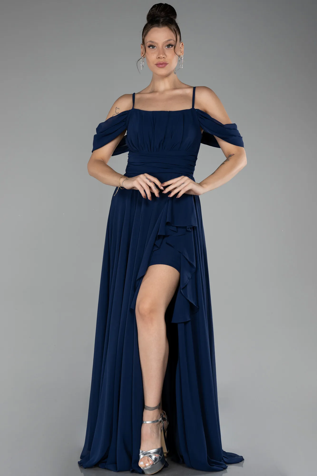 Navy Blue-Long Chiffon Evening Dress ABU3591