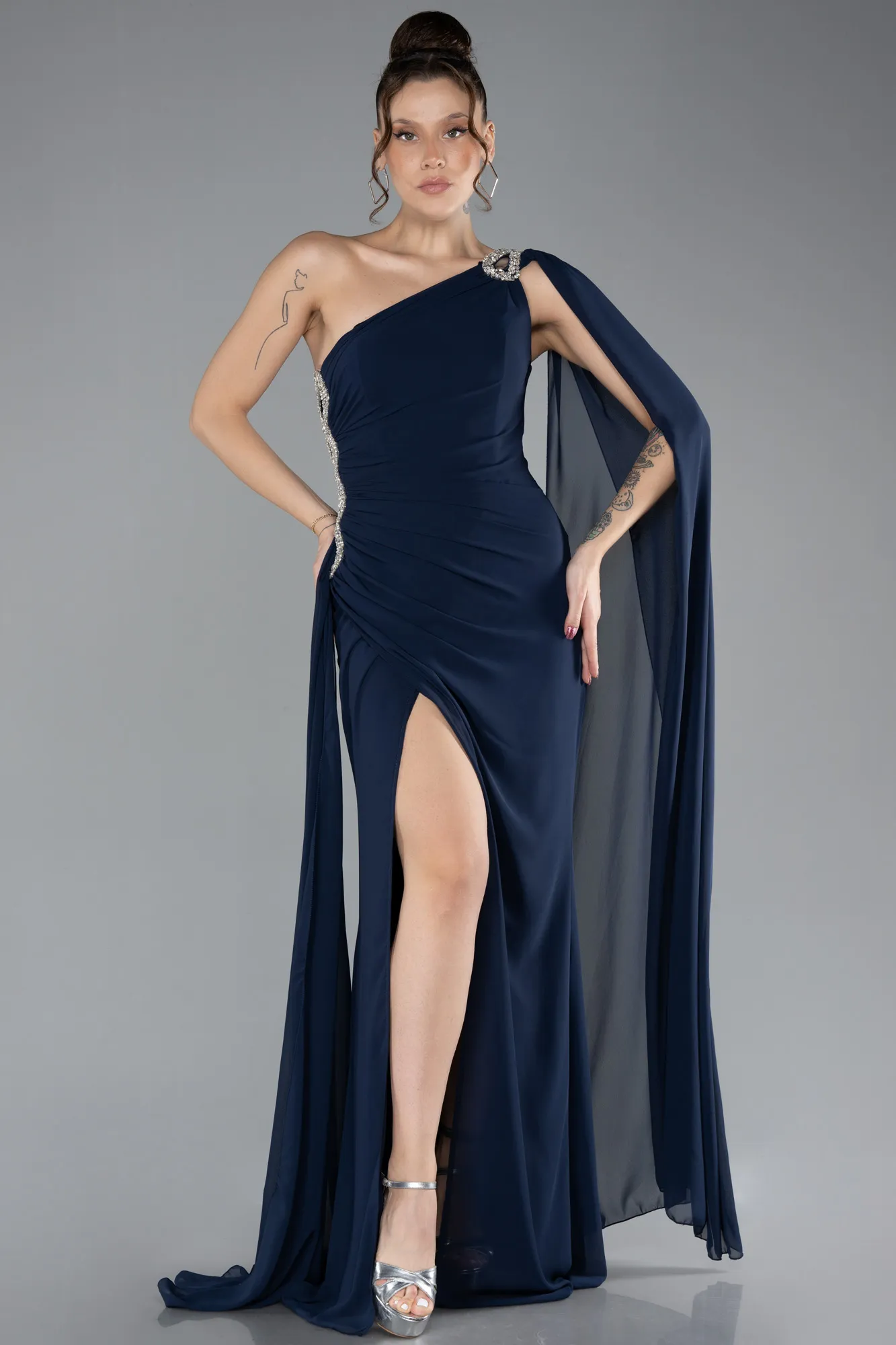 Navy Blue-Long Chiffon Evening Dress ABU4406