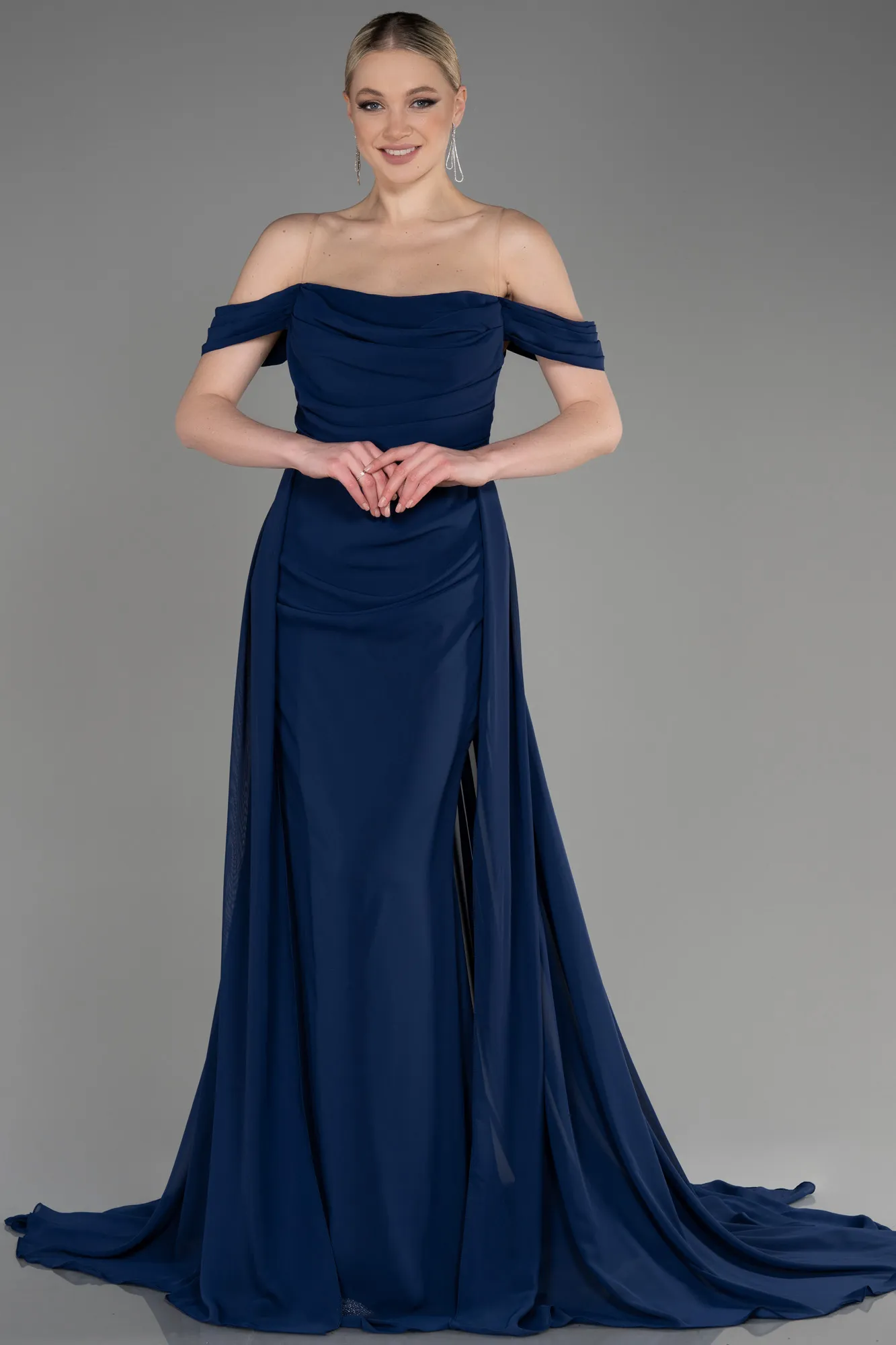 Navy Blue-Long Chiffon Formal Plus Size Dress ABU3803
