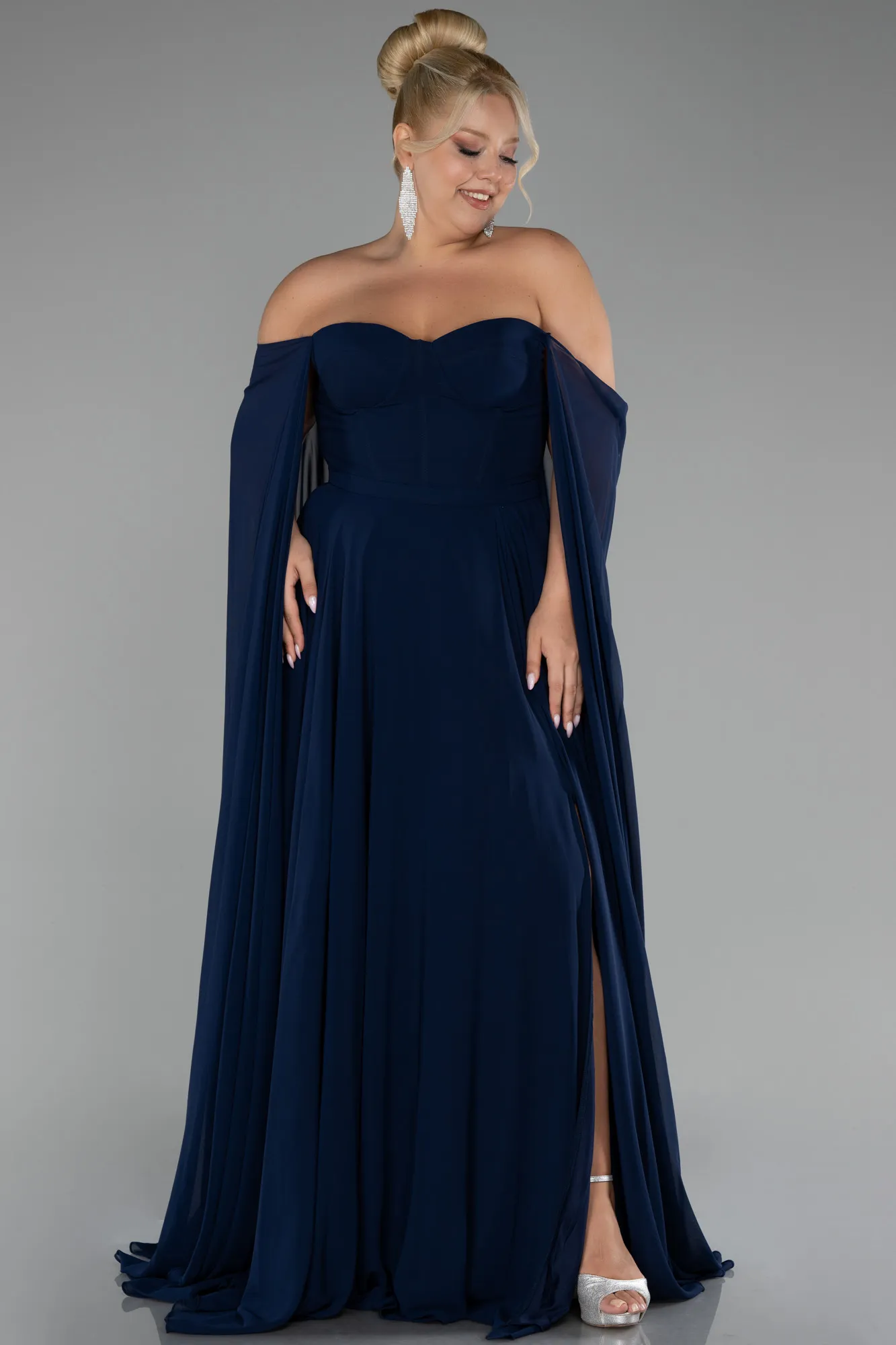 Navy Blue-Long Chiffon Formal Plus Size Dress ABU4161