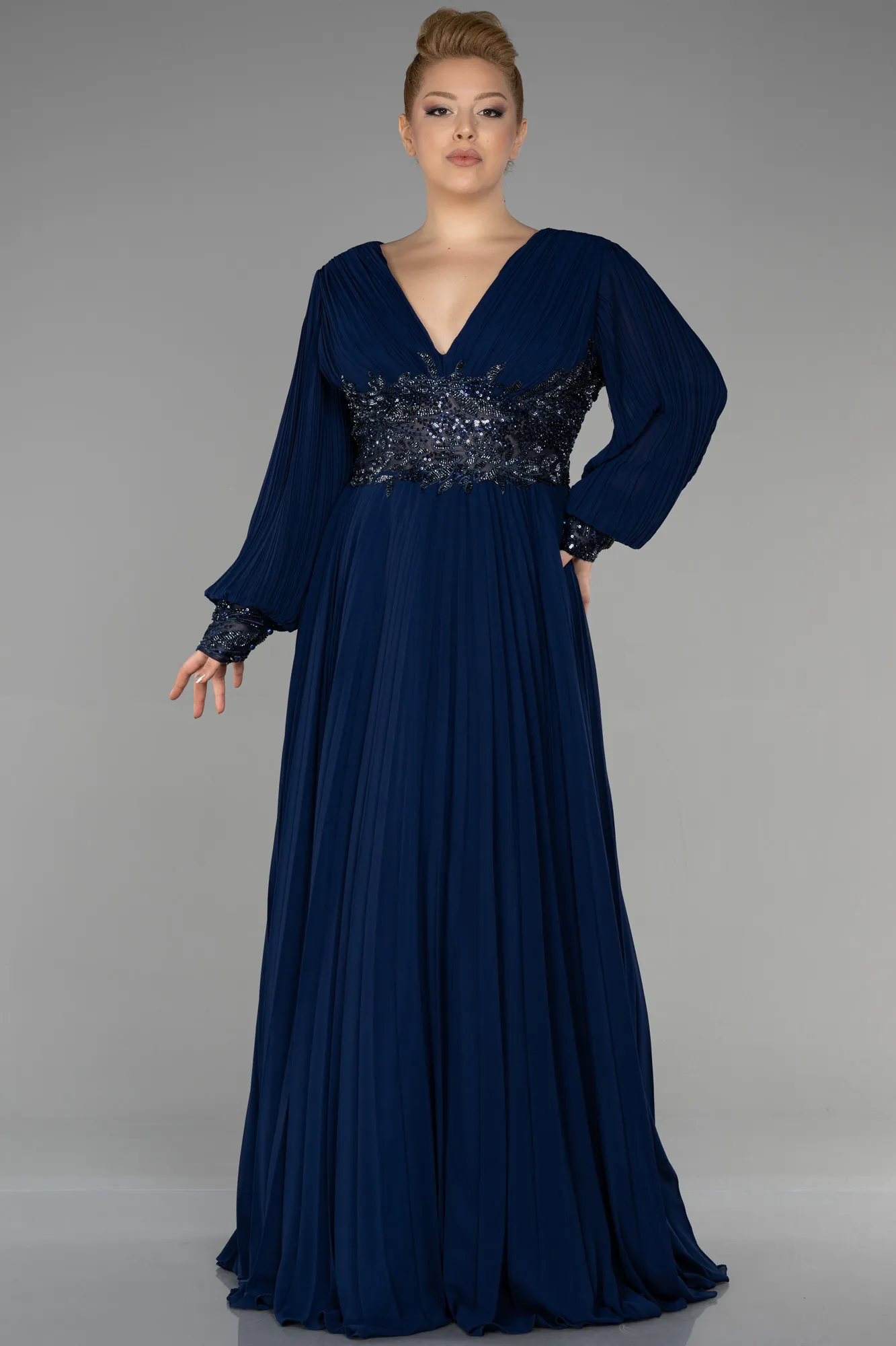 Navy Blue-Long Chiffon Plus Size Engagement Dress ABU3520