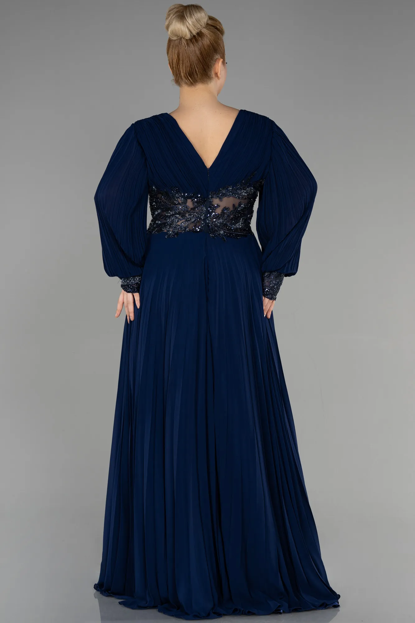 Navy Blue-Long Chiffon Plus Size Engagement Dress ABU3520