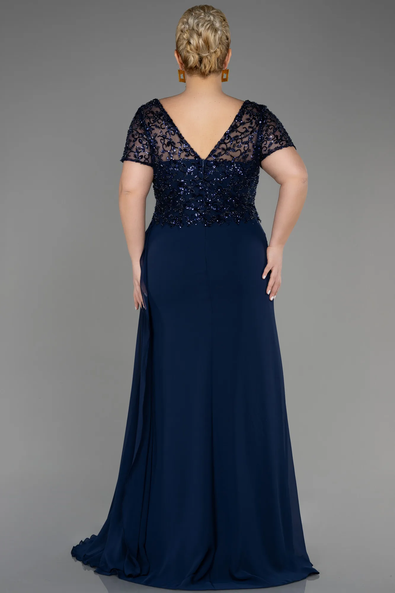 Navy Blue-Long Chiffon Plus Size Engagement Dress ABU3731