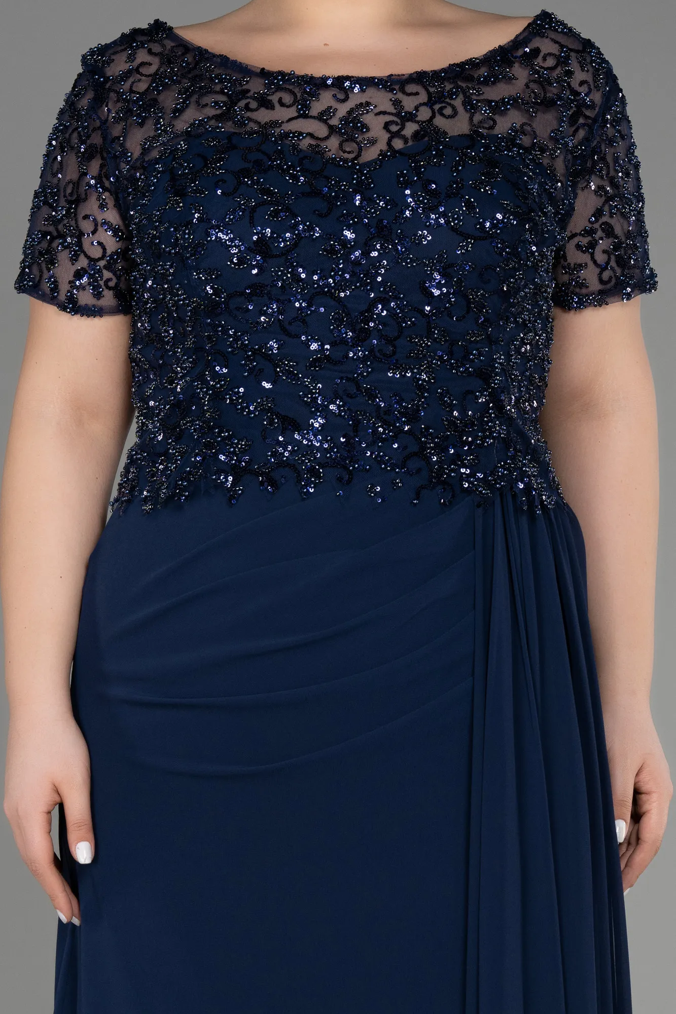 Navy Blue-Long Chiffon Plus Size Engagement Dress ABU3731