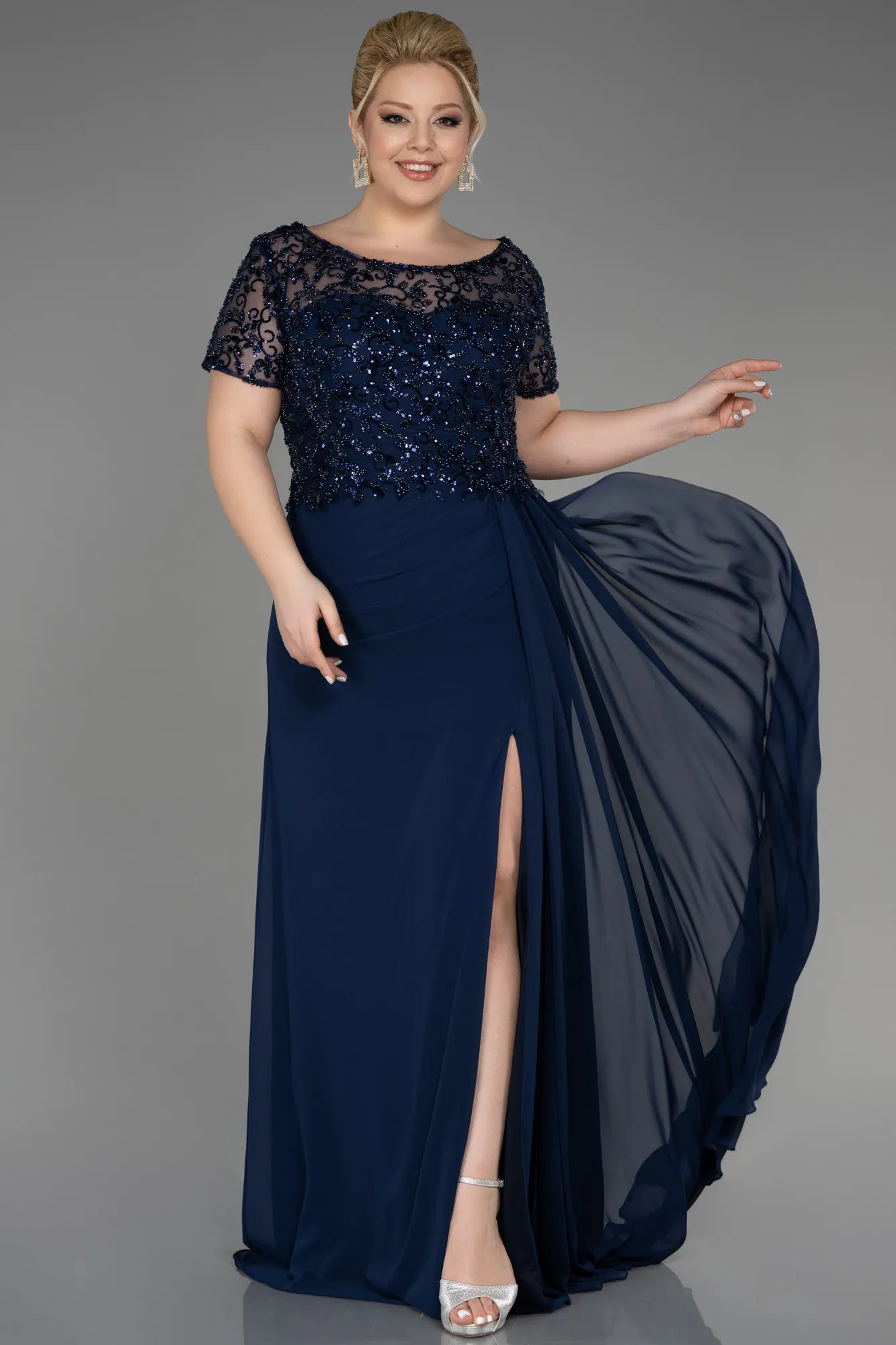 Navy Blue-Long Chiffon Plus Size Engagement Dress ABU3731