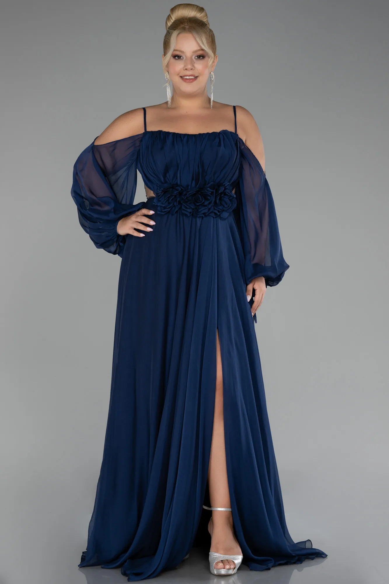 Navy Blue-Long Chiffon Plus Size Engagement Dress ABU4167