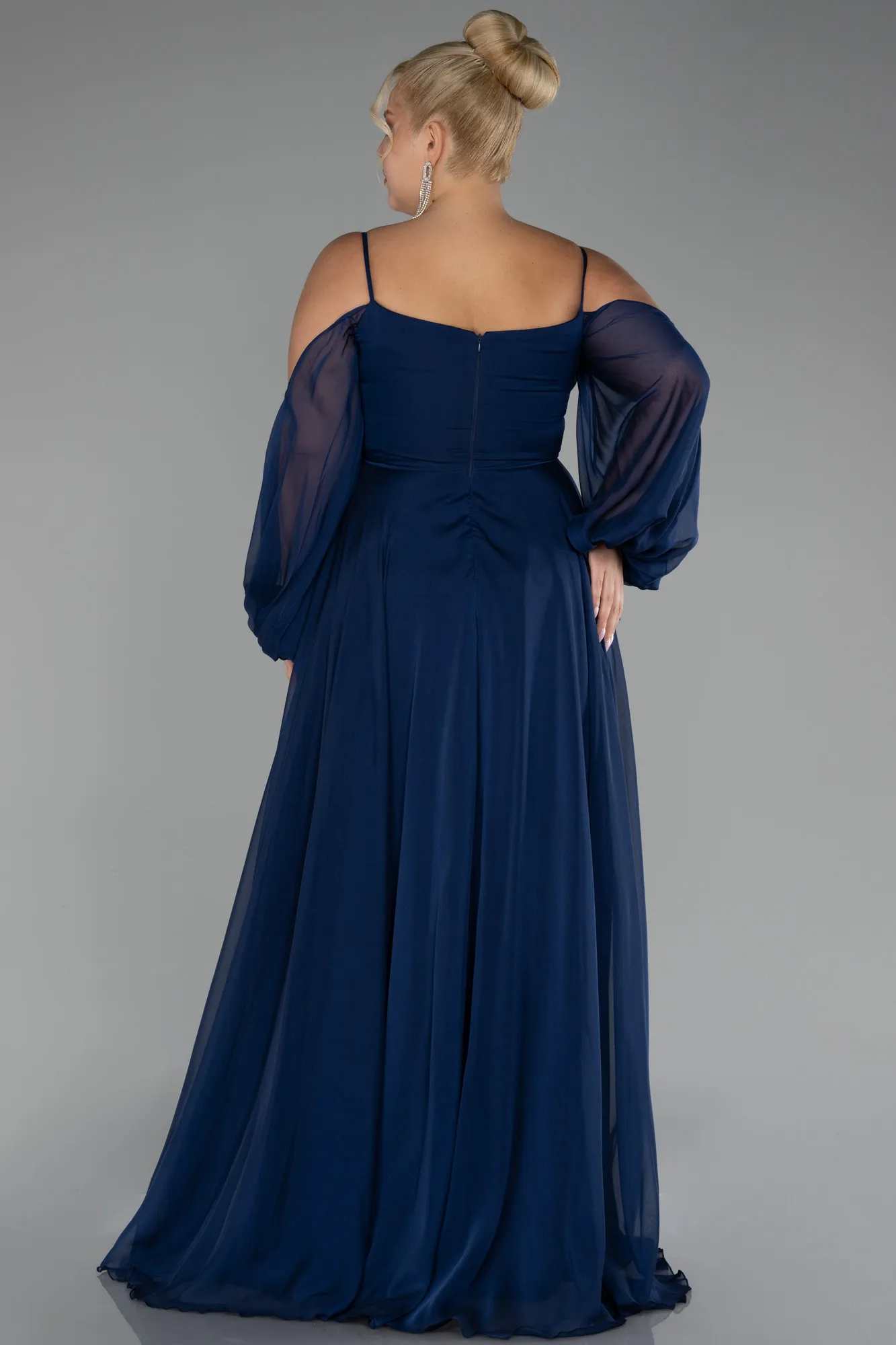 Navy Blue-Long Chiffon Plus Size Engagement Dress ABU4167