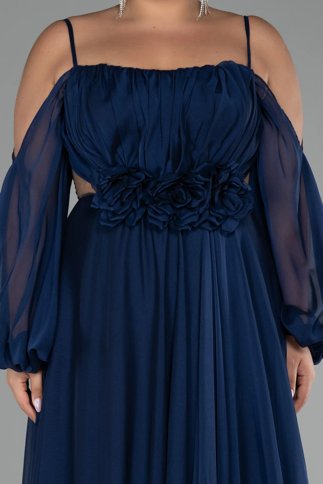 Navy Blue-Long Chiffon Plus Size Engagement Dress ABU4167