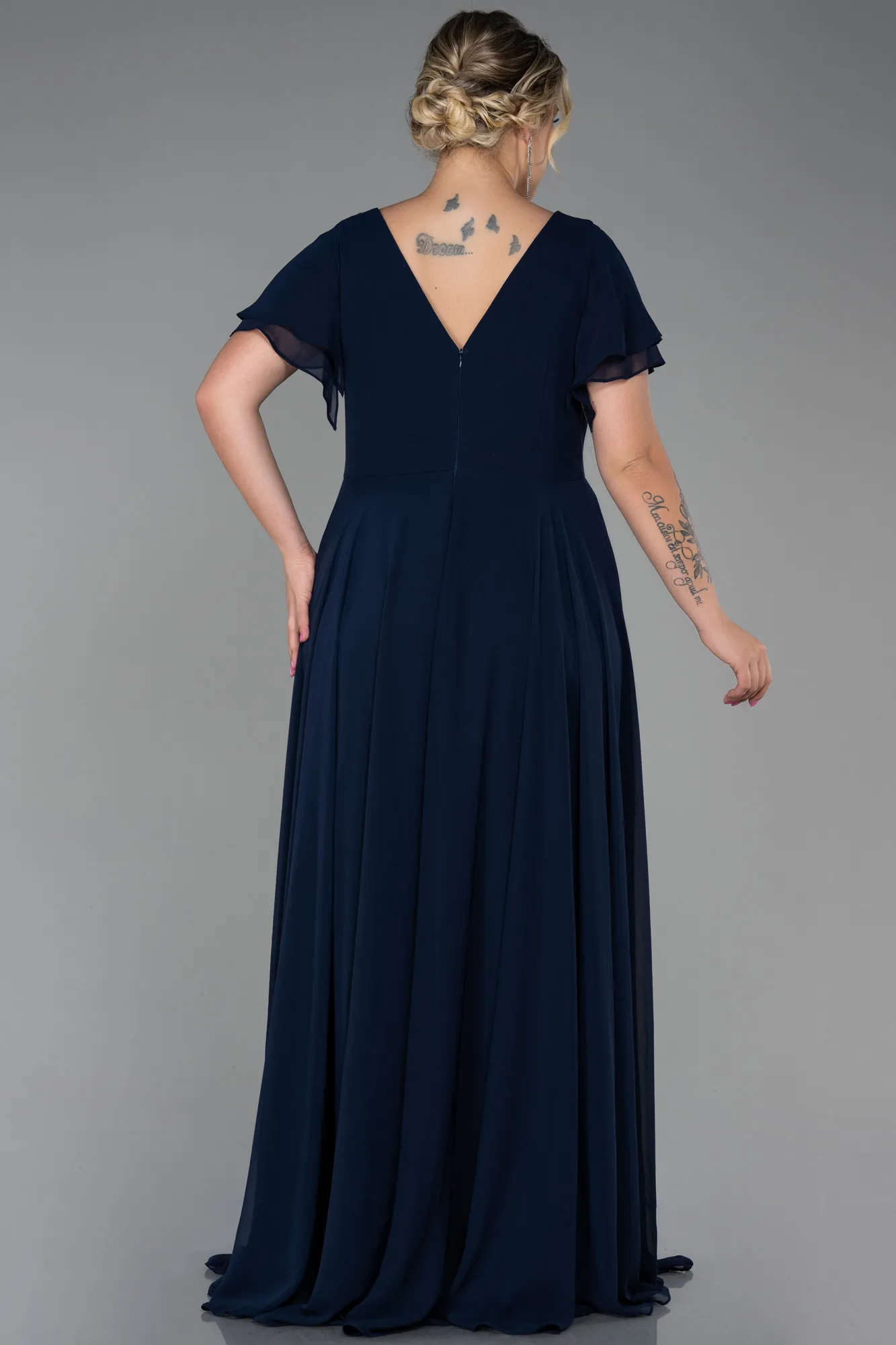 Navy Blue-Long Chiffon Plus Size Evening Dress ABU2576