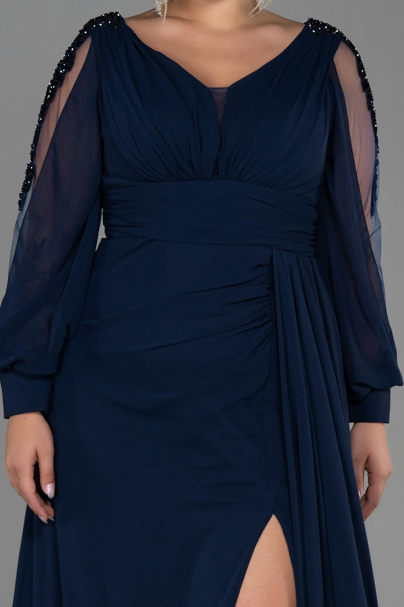 Navy Blue-Long Chiffon Plus Size Evening Dress ABU3221