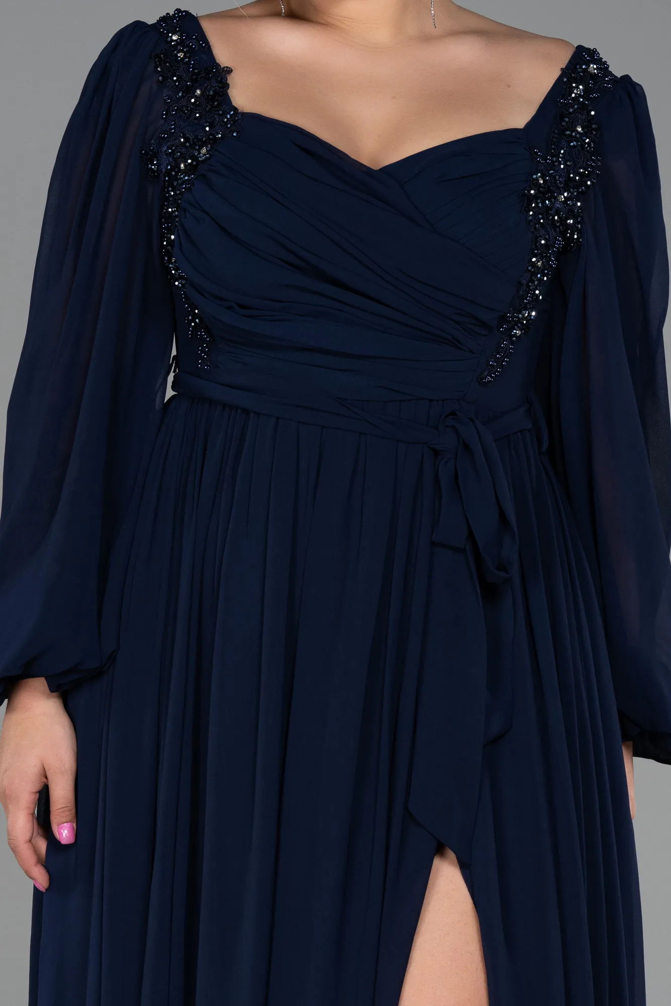 Navy Blue-Long Chiffon Plus Size Evening Dress ABU3244