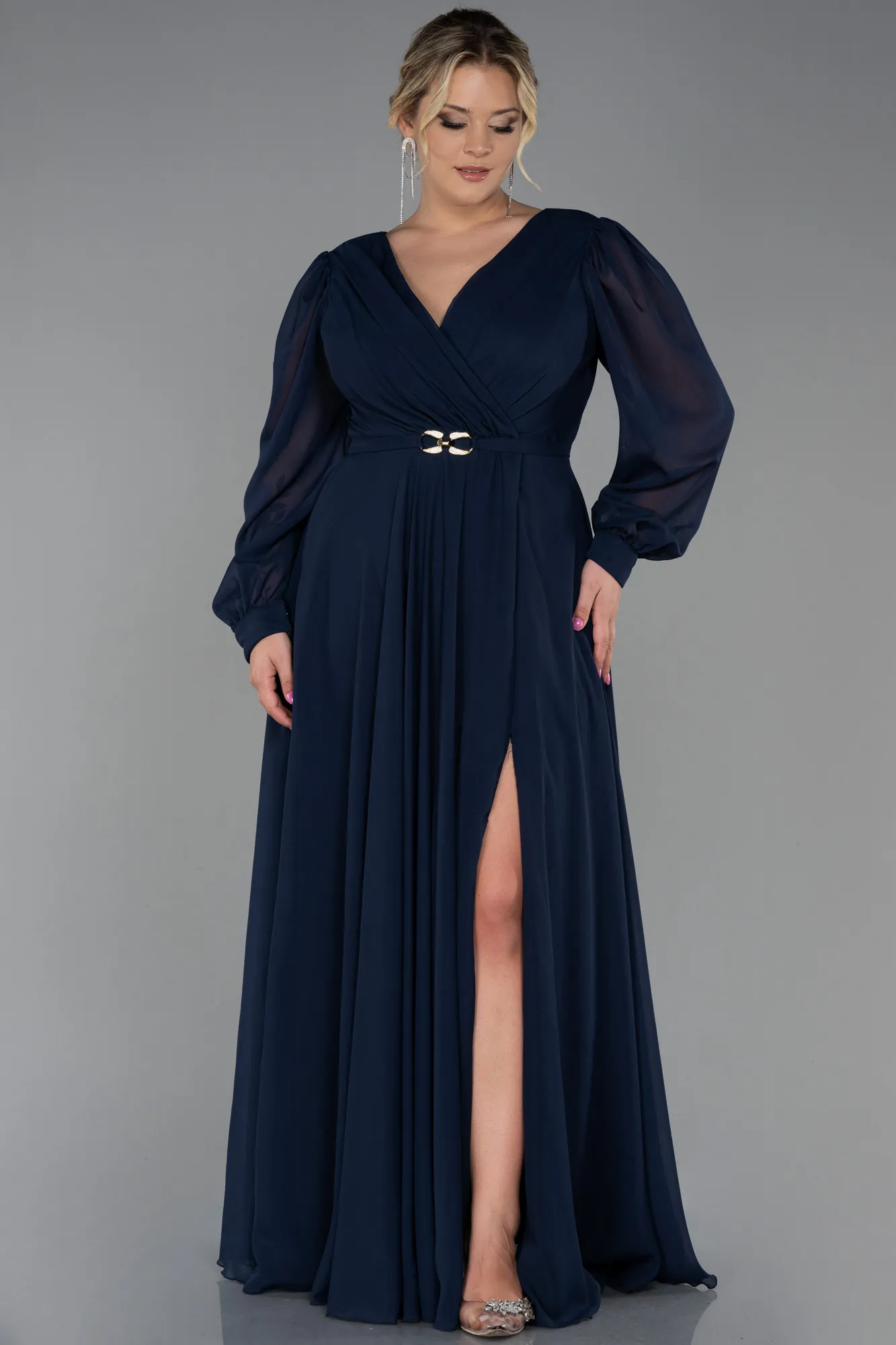 Navy Blue-Long Chiffon Plus Size Evening Dress ABU3254