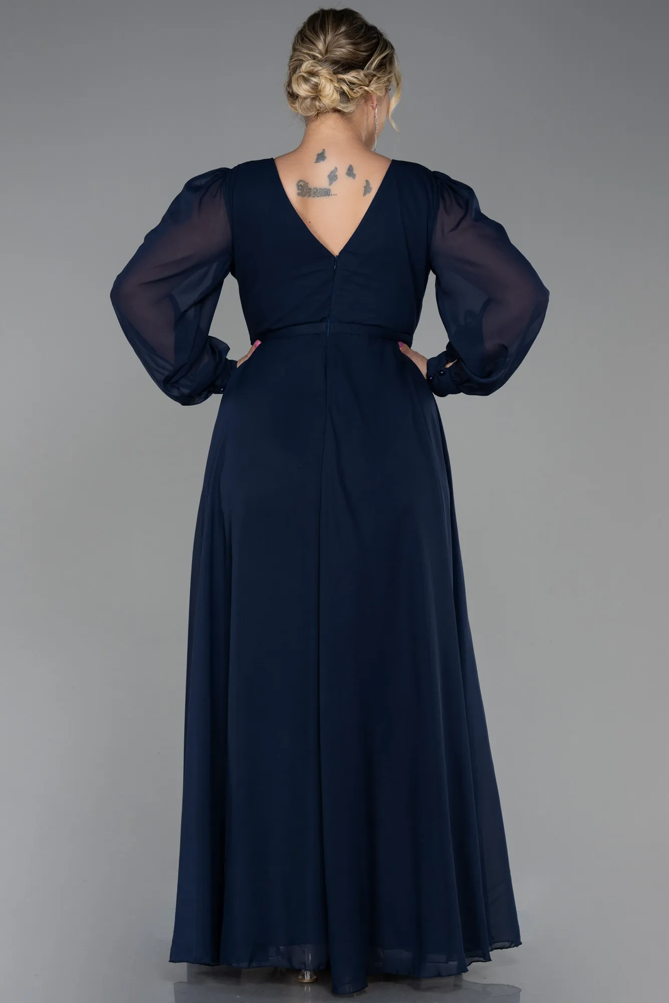 Navy Blue-Long Chiffon Plus Size Evening Dress ABU3254