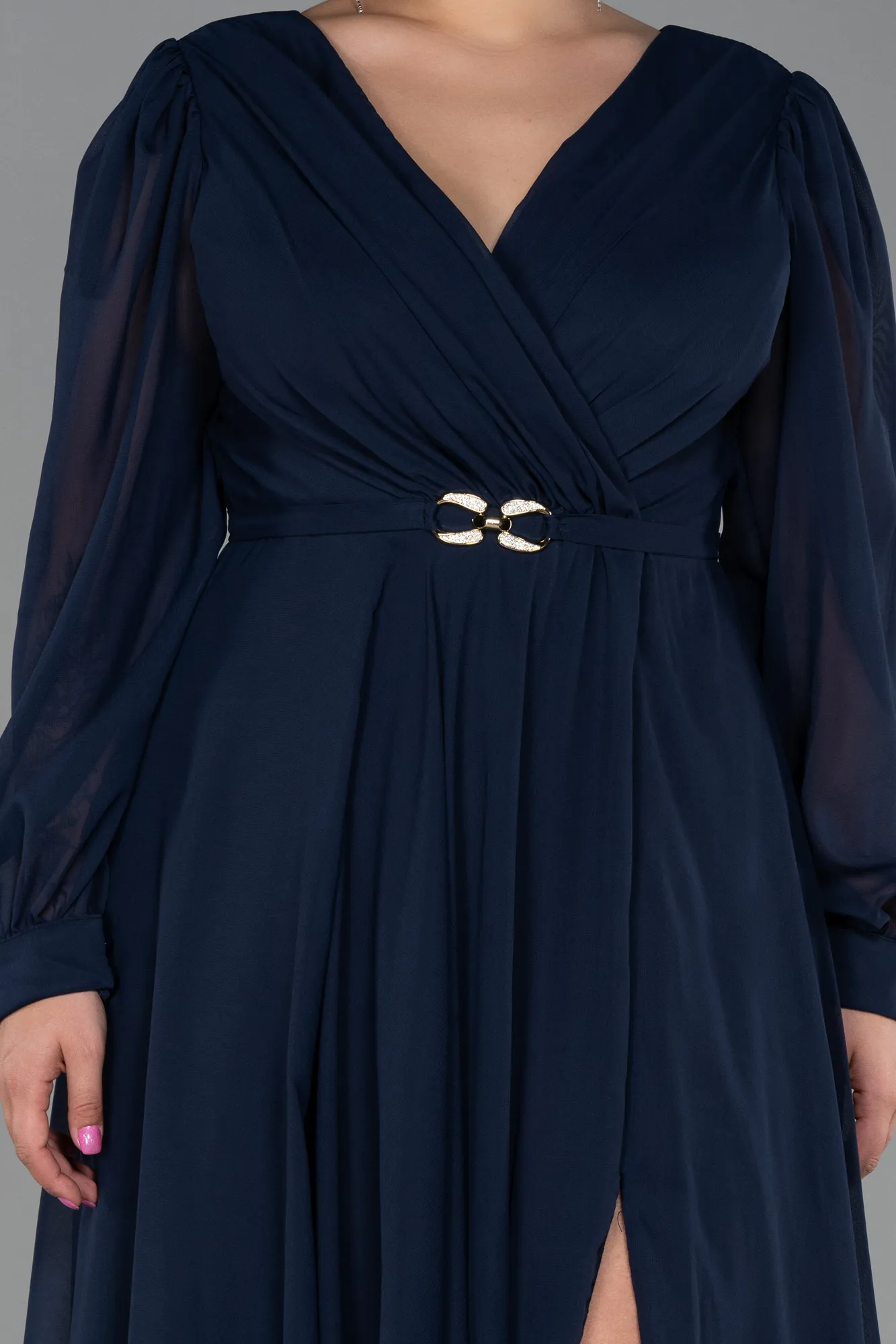 Navy Blue-Long Chiffon Plus Size Evening Dress ABU3254