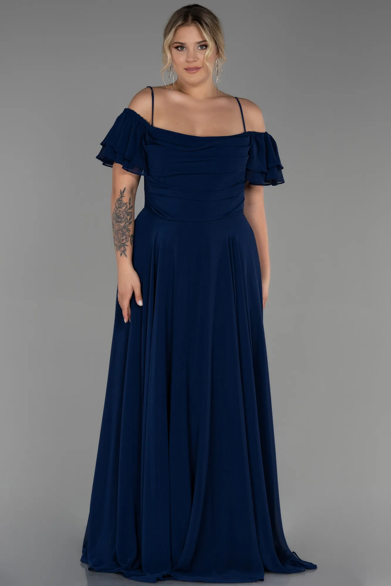 Navy Blue-Long Chiffon Plus Size Evening Dress ABU3259