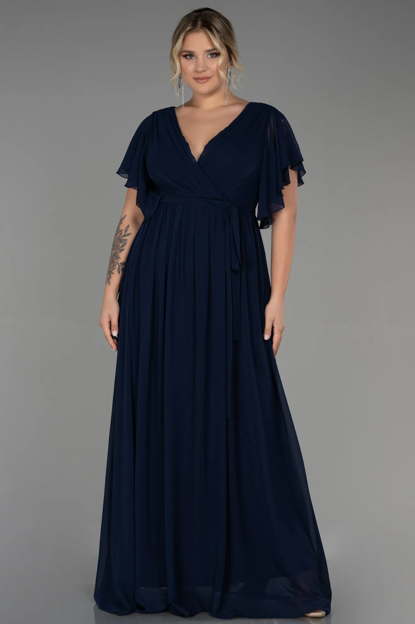 Navy Blue-Long Chiffon Plus Size Evening Dress ABU3276