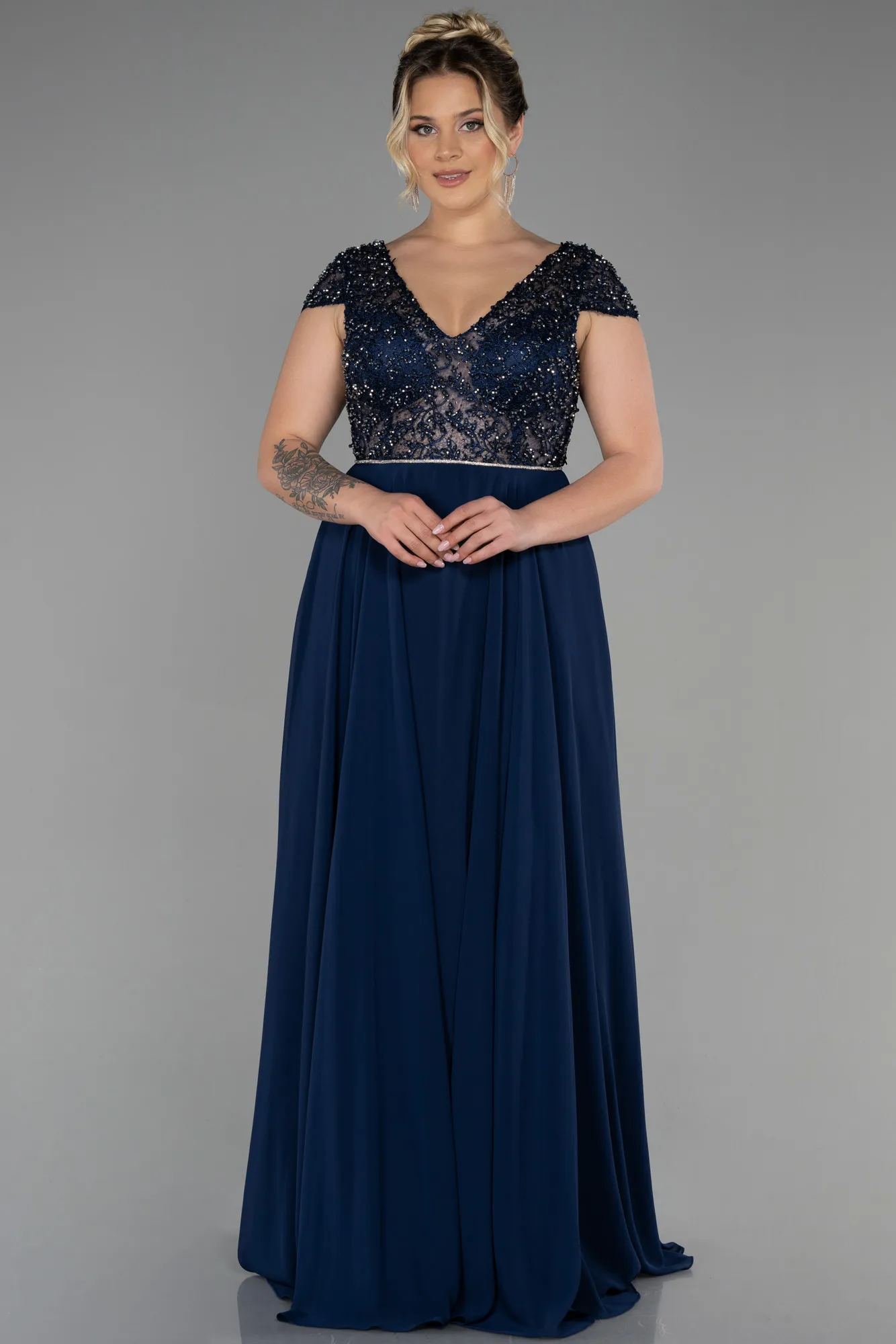 Navy Blue-Long Chiffon Plus Size Evening Dress ABU3441