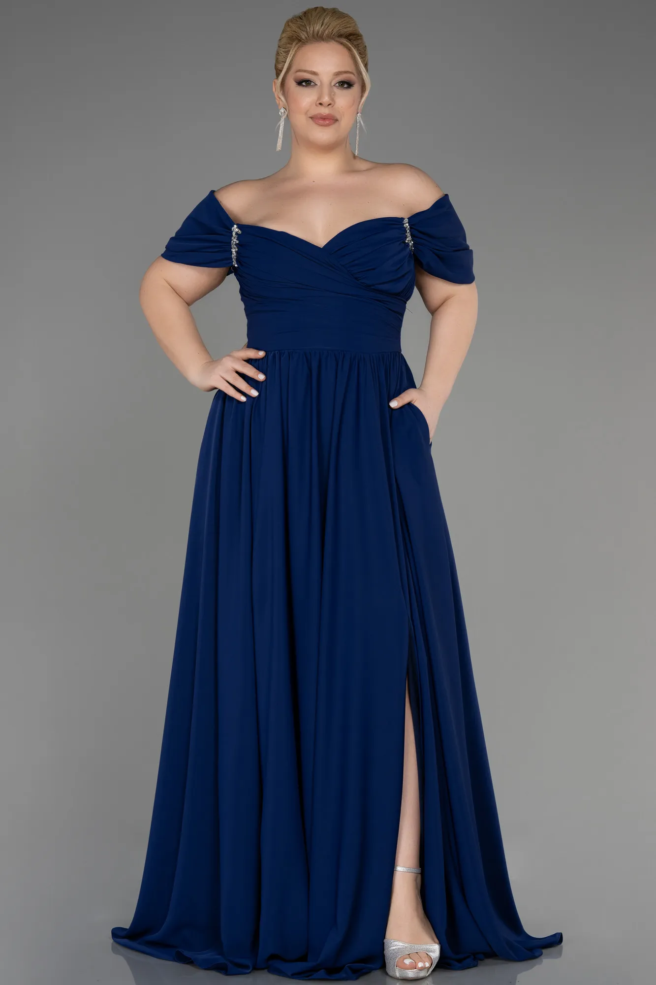 Navy Blue-Long Chiffon Plus Size Evening Dress ABU3738