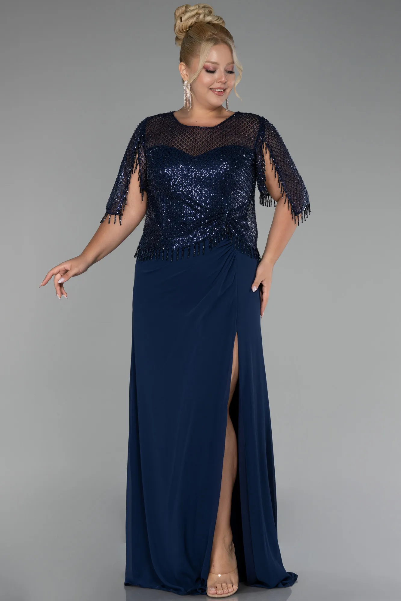 Navy Blue-Long Chiffon Plus Size Evening Dress ABU4075