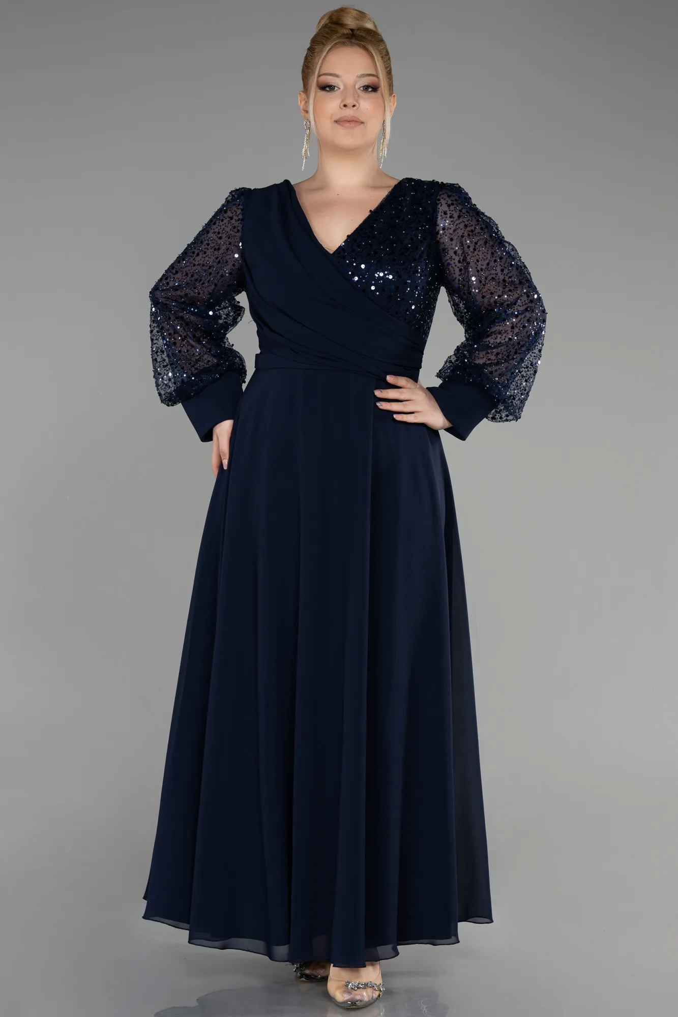 Navy Blue-Long Chiffon Plus Size Evening Gown ABU3643