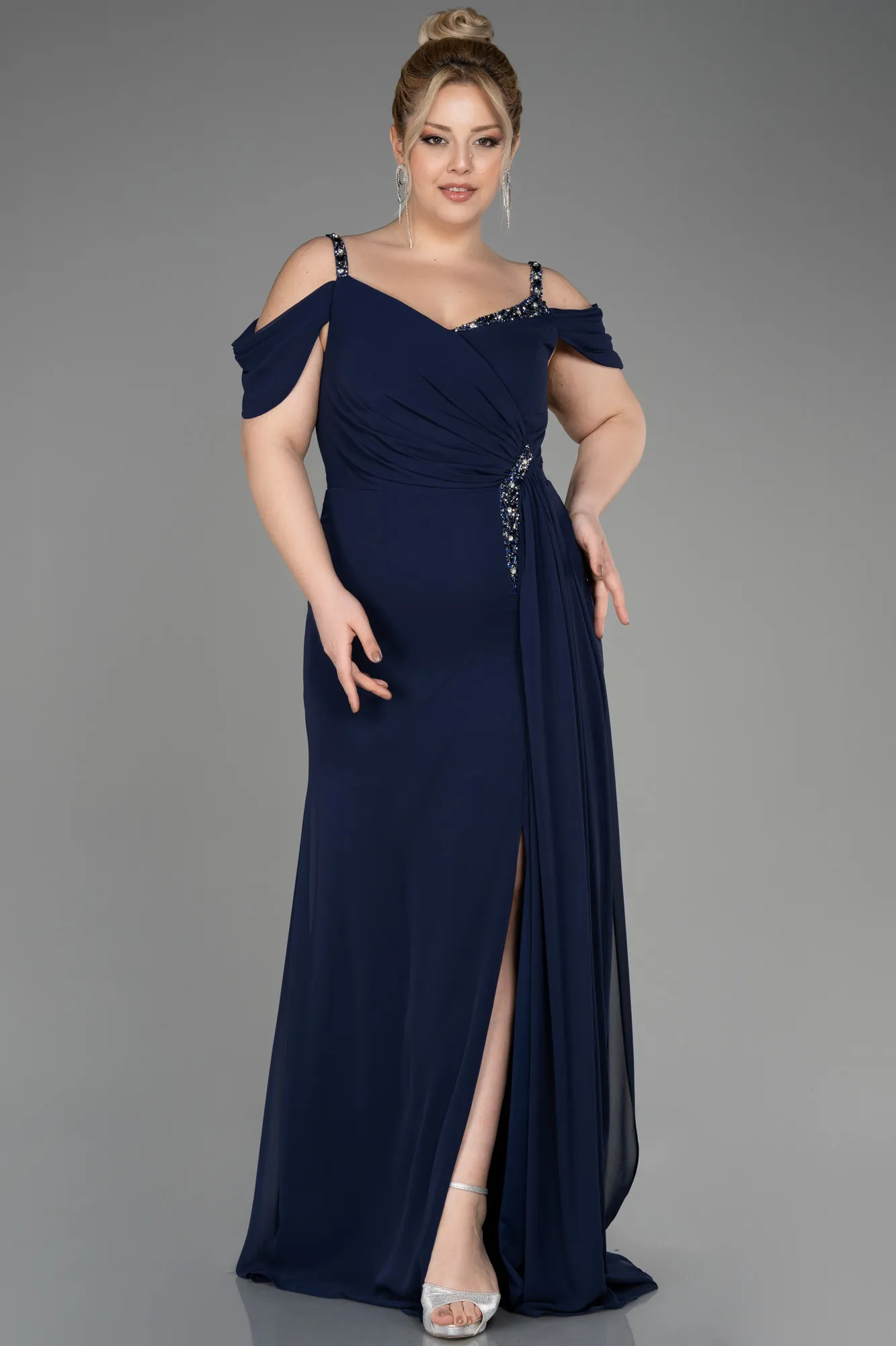 Navy Blue-Long Chiffon Plus Size Evening Gown ABU3742