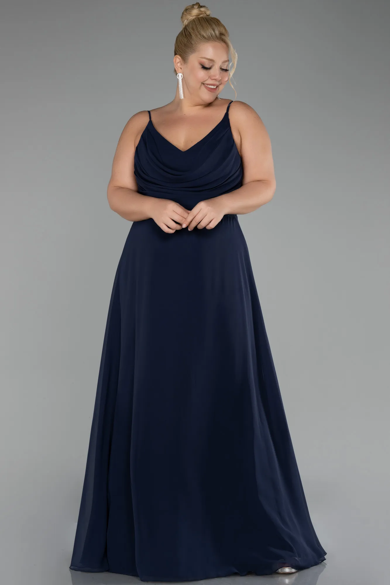 Navy Blue-Long Chiffon Plus Size Prom Dress ABU4166