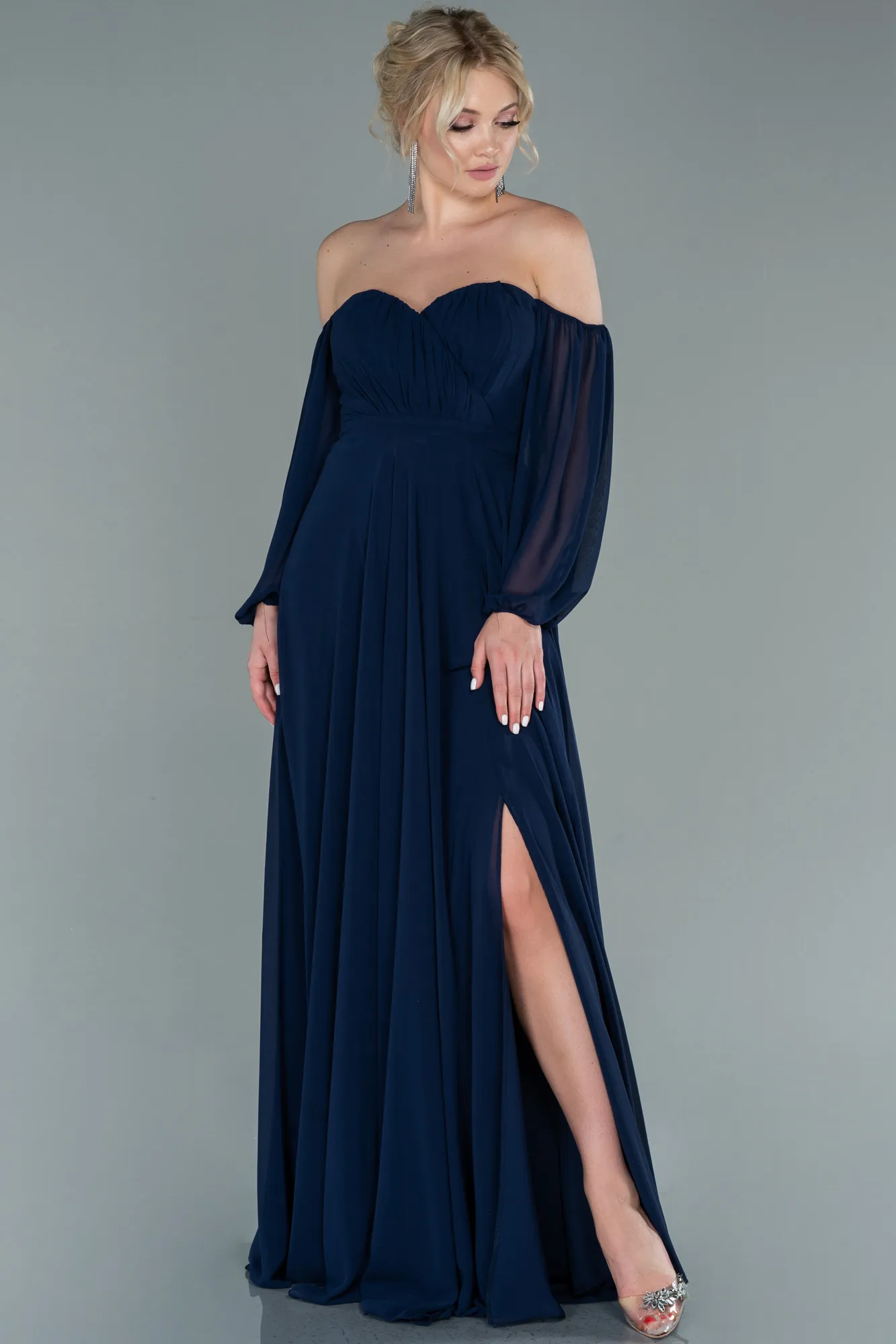 Navy Blue-Long Chiffon Prom Gown ABU2457