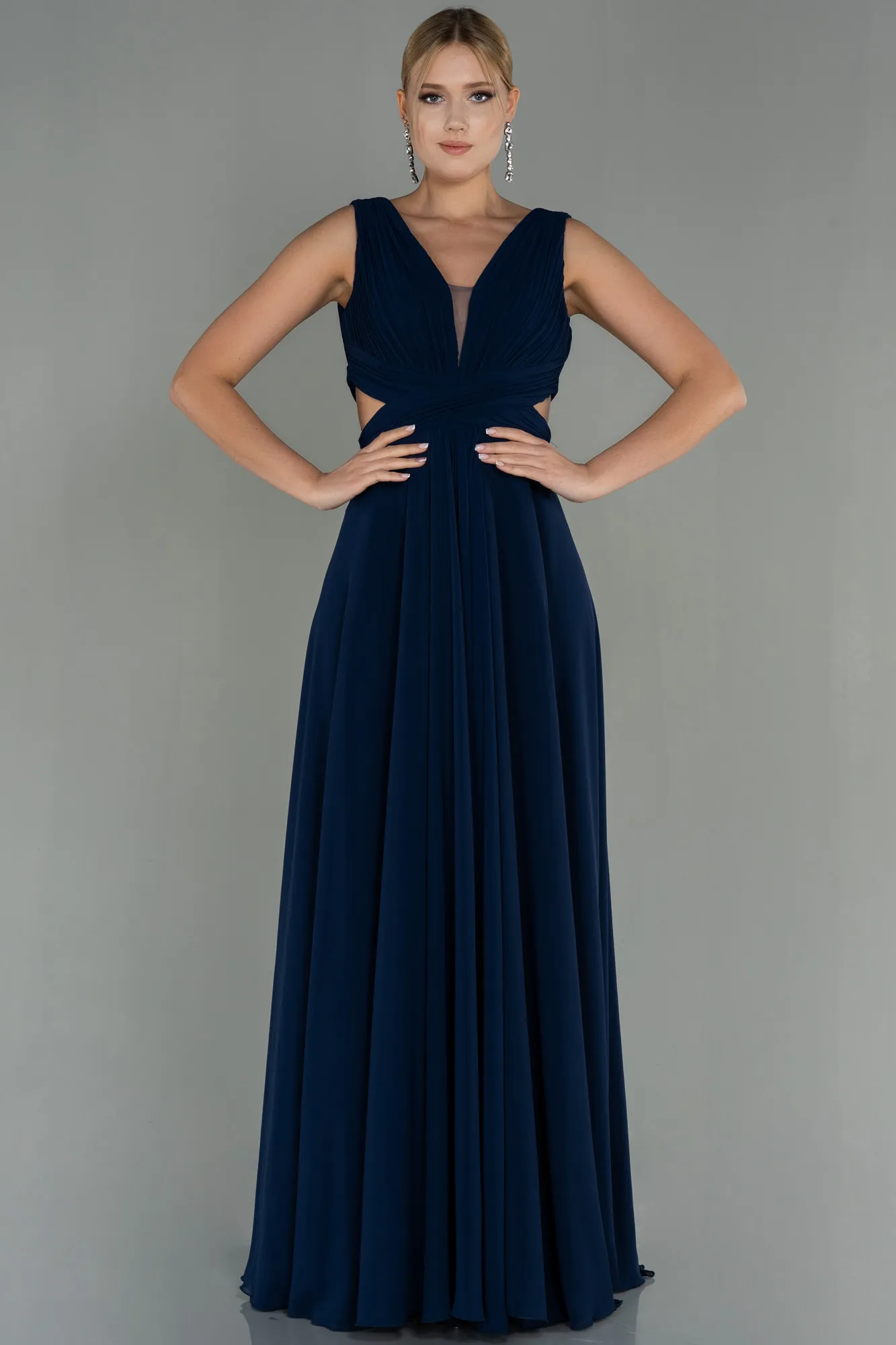 Navy Blue-Long Chiffon Prom Gown ABU3066