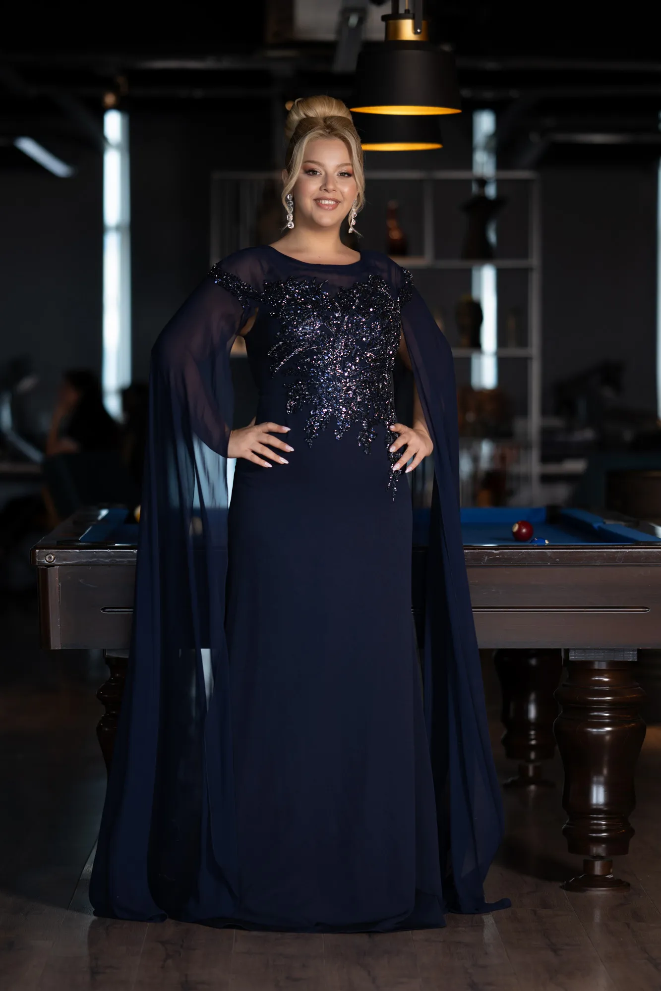 Navy Blue-Long Chiffon Sleeve Plus Size Evening Dress ABU3913