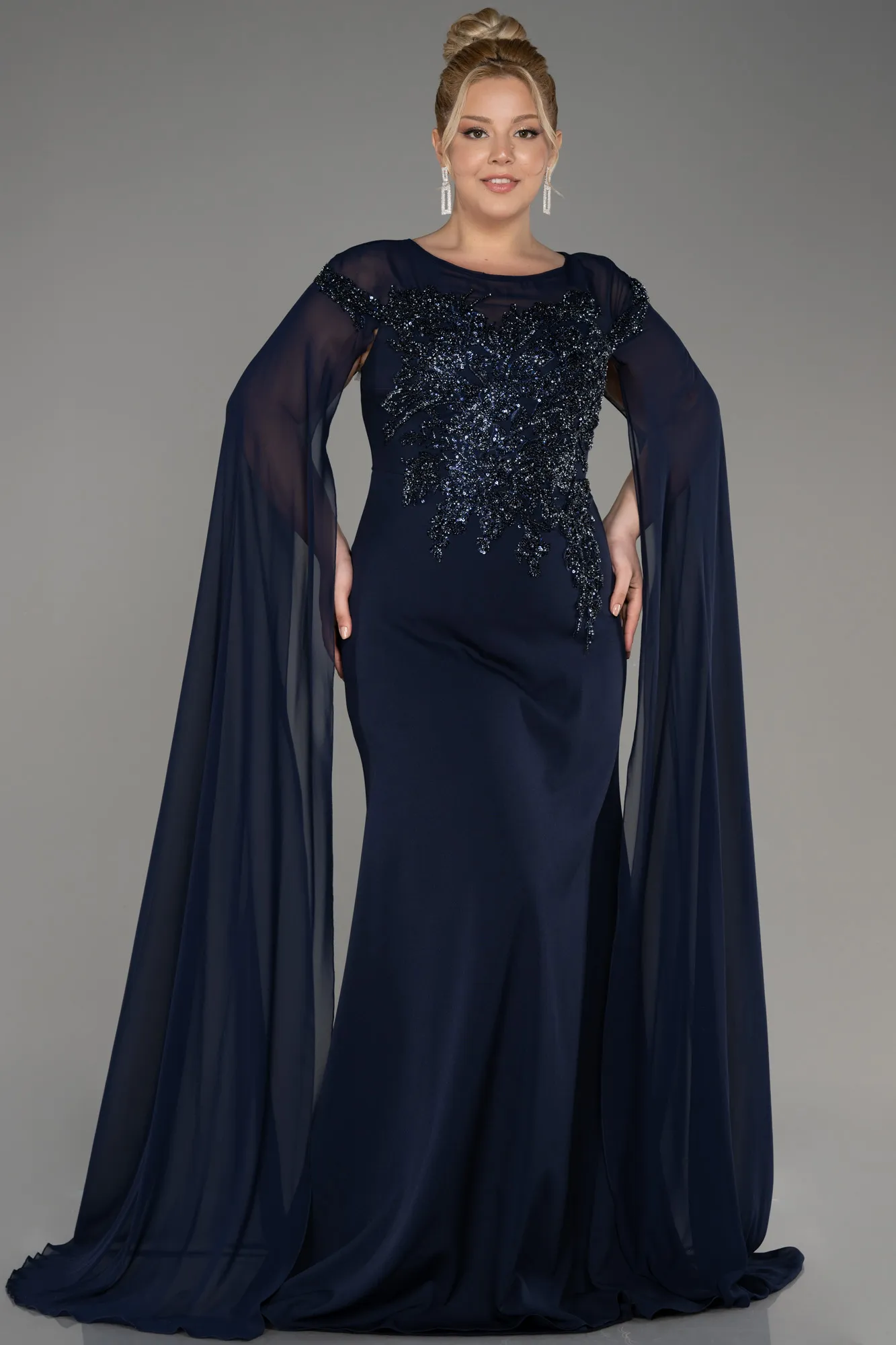 Navy Blue-Long Chiffon Sleeve Plus Size Evening Dress ABU3913