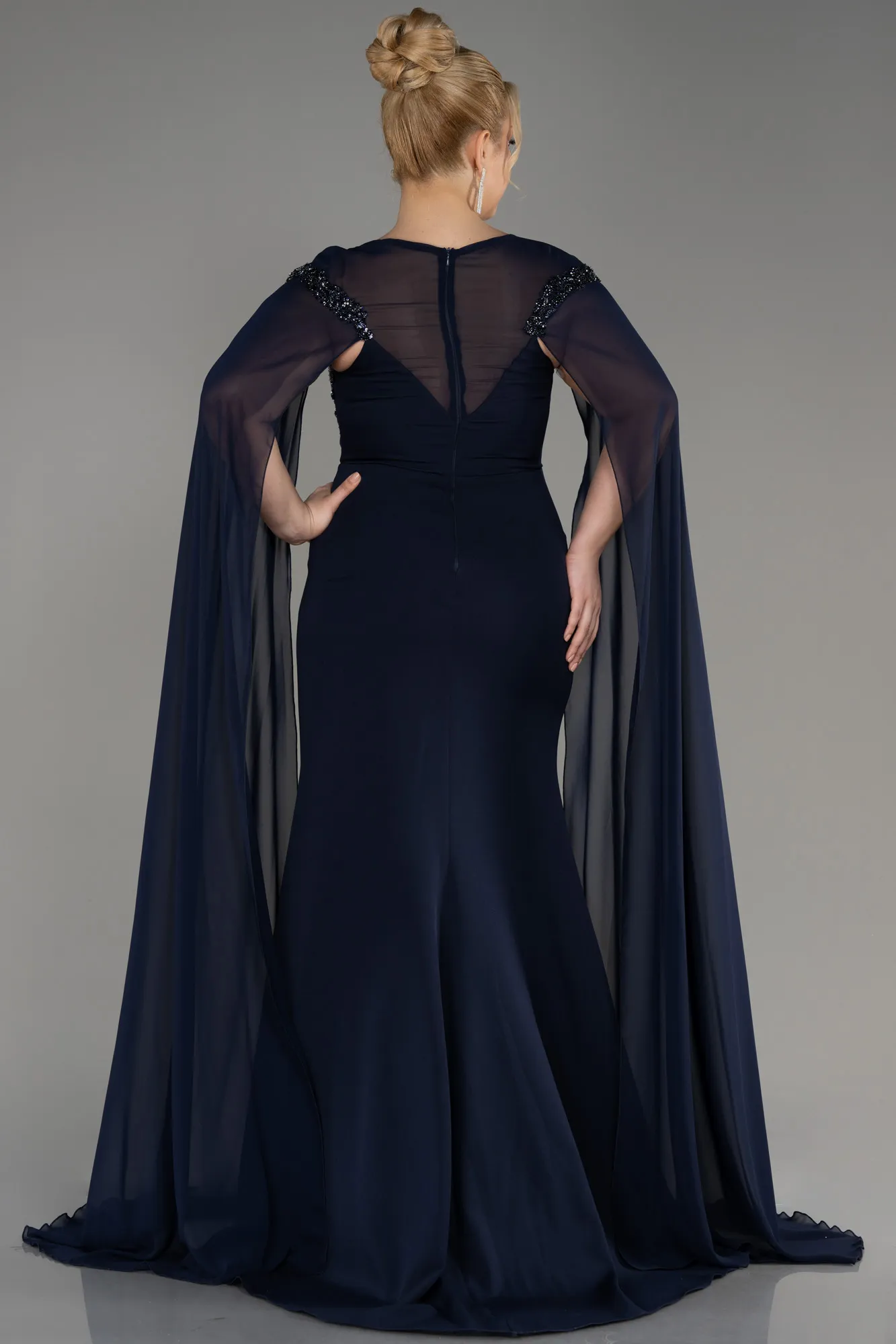 Navy Blue-Long Chiffon Sleeve Plus Size Evening Dress ABU3913