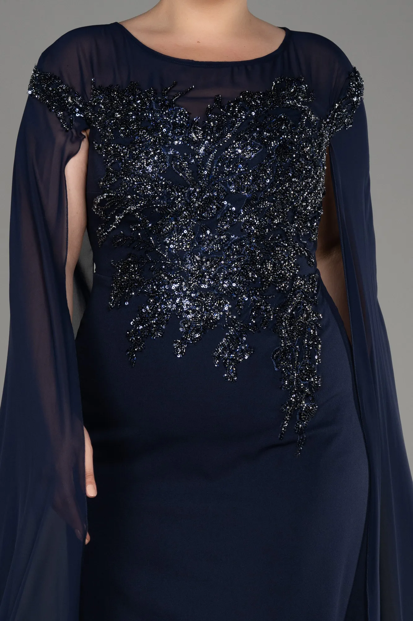 Navy Blue-Long Chiffon Sleeve Plus Size Evening Dress ABU3913