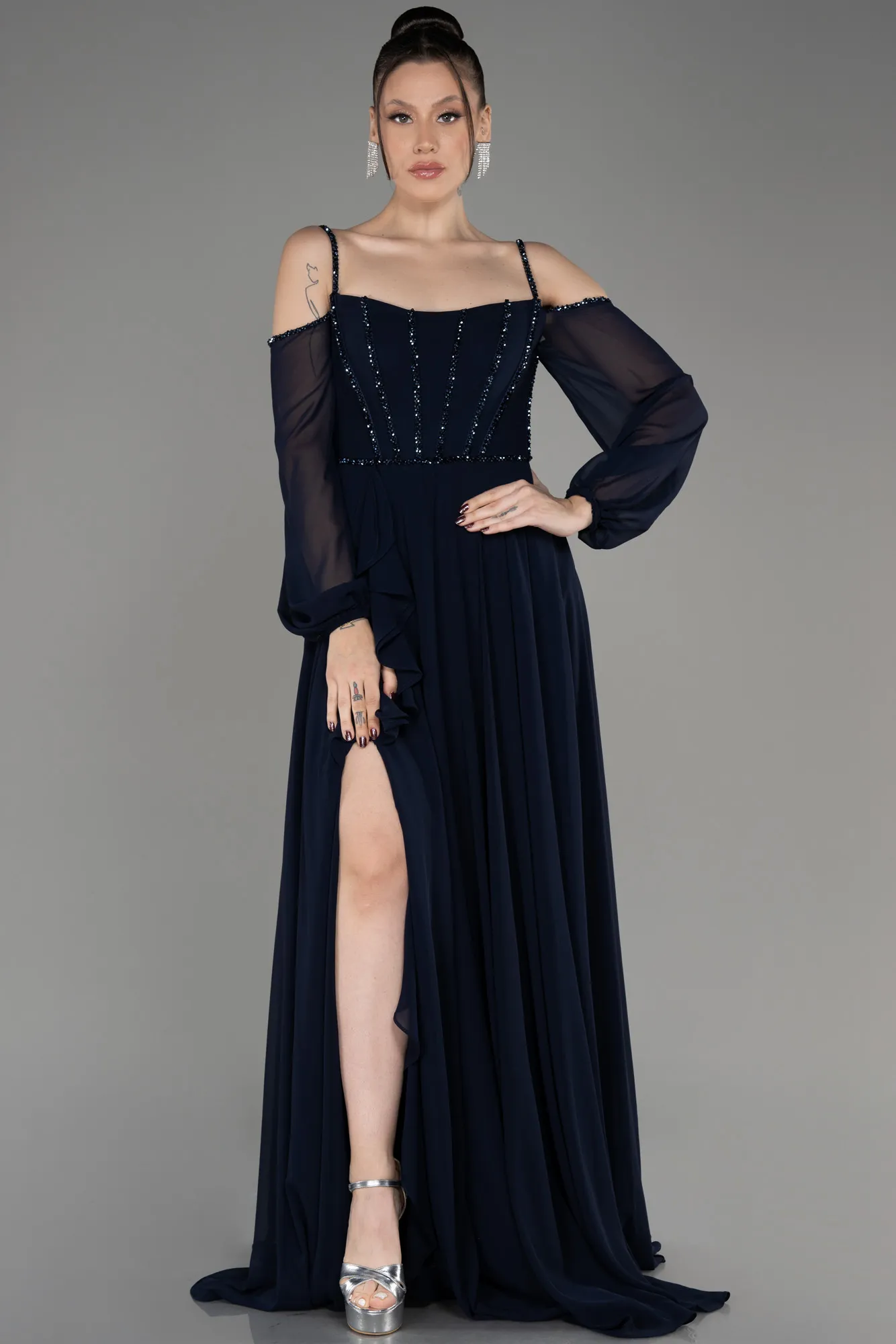 Navy Blue-Long Chiffon Slit Evening Dress ABU3914