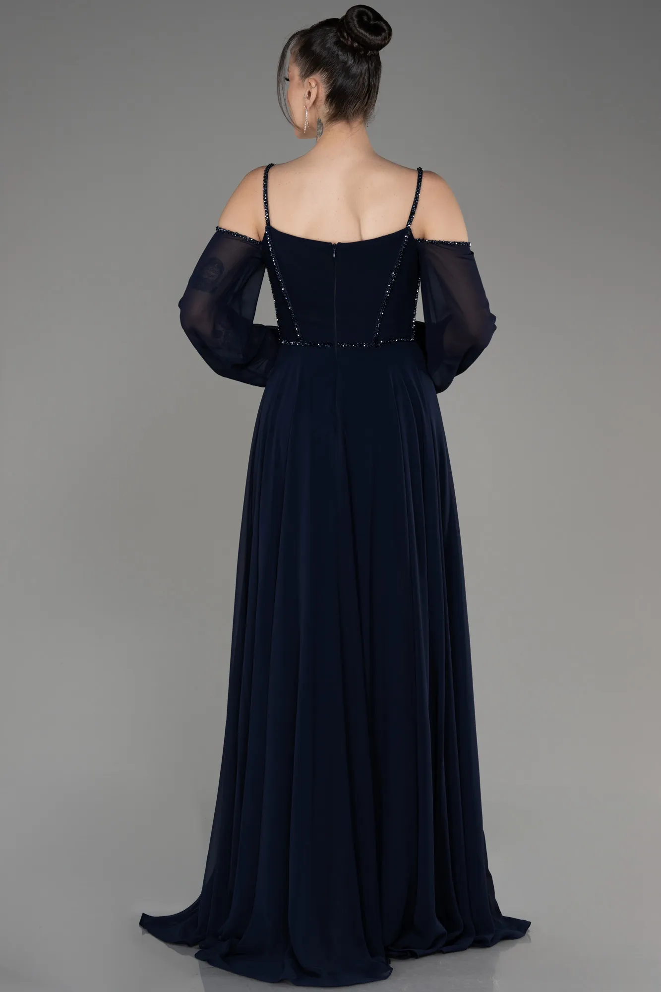 Navy Blue-Long Chiffon Slit Evening Dress ABU3914