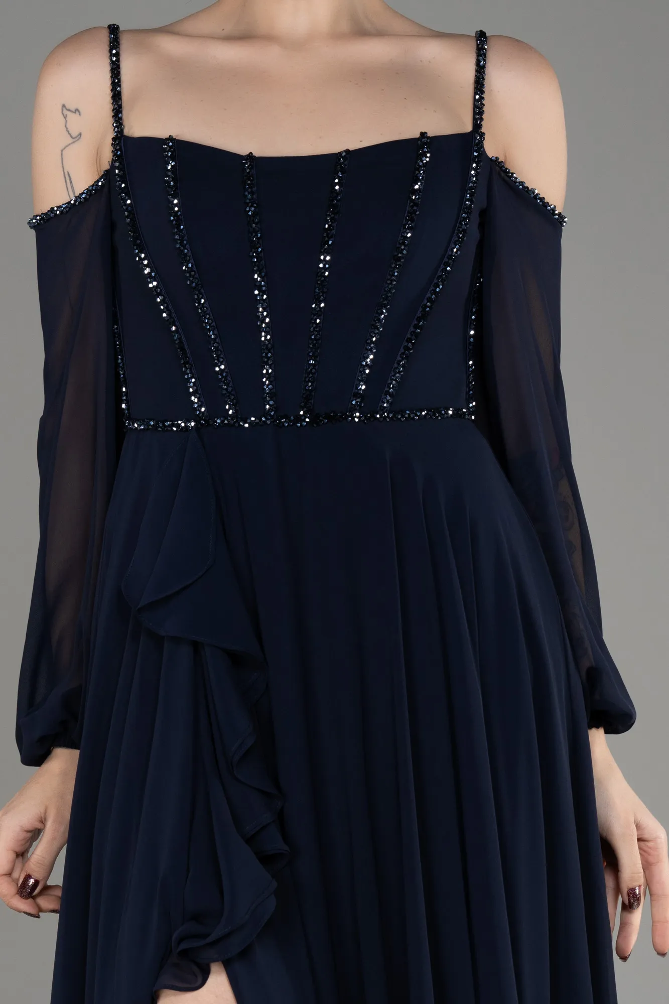 Navy Blue-Long Chiffon Slit Evening Dress ABU3914