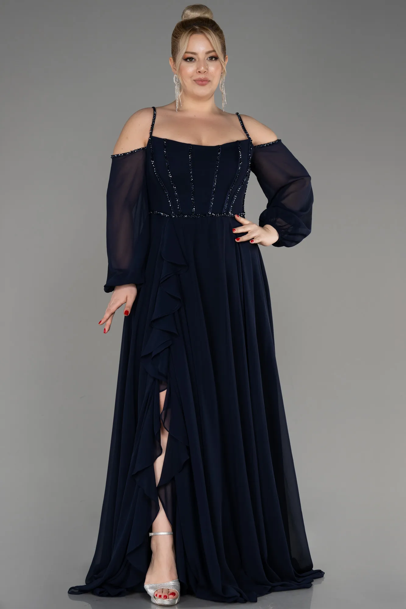 Navy Blue-Long Chiffon Slit Evening Dress ABU3915