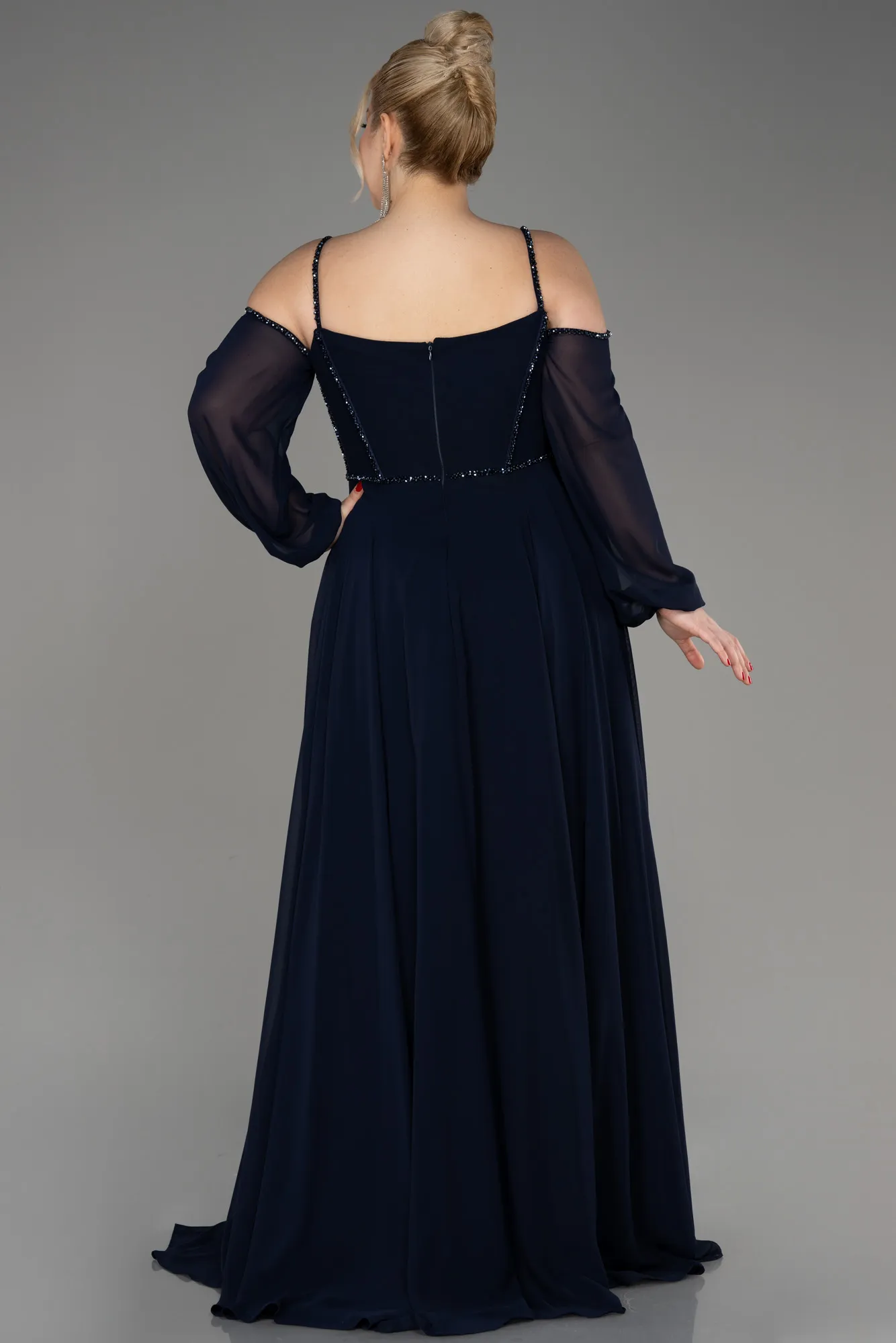 Navy Blue-Long Chiffon Slit Evening Dress ABU3915