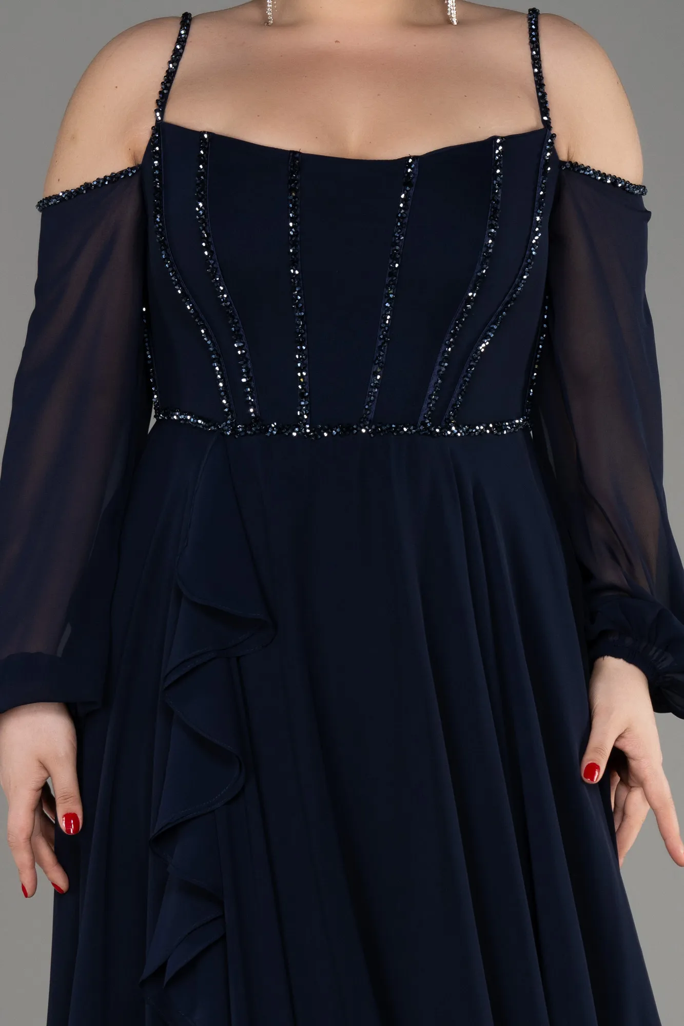 Navy Blue-Long Chiffon Slit Evening Dress ABU3915