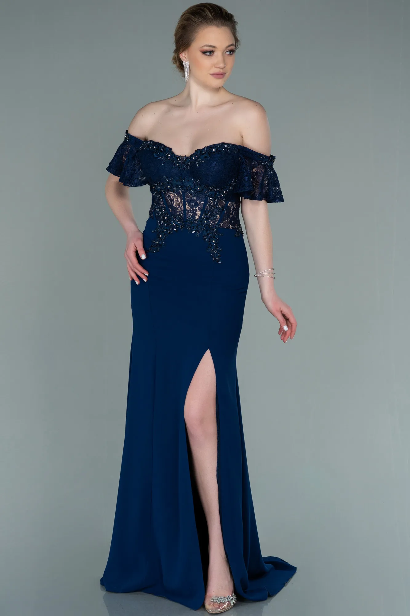 Navy Blue-Long Dantelle Evening Dress ABU2261