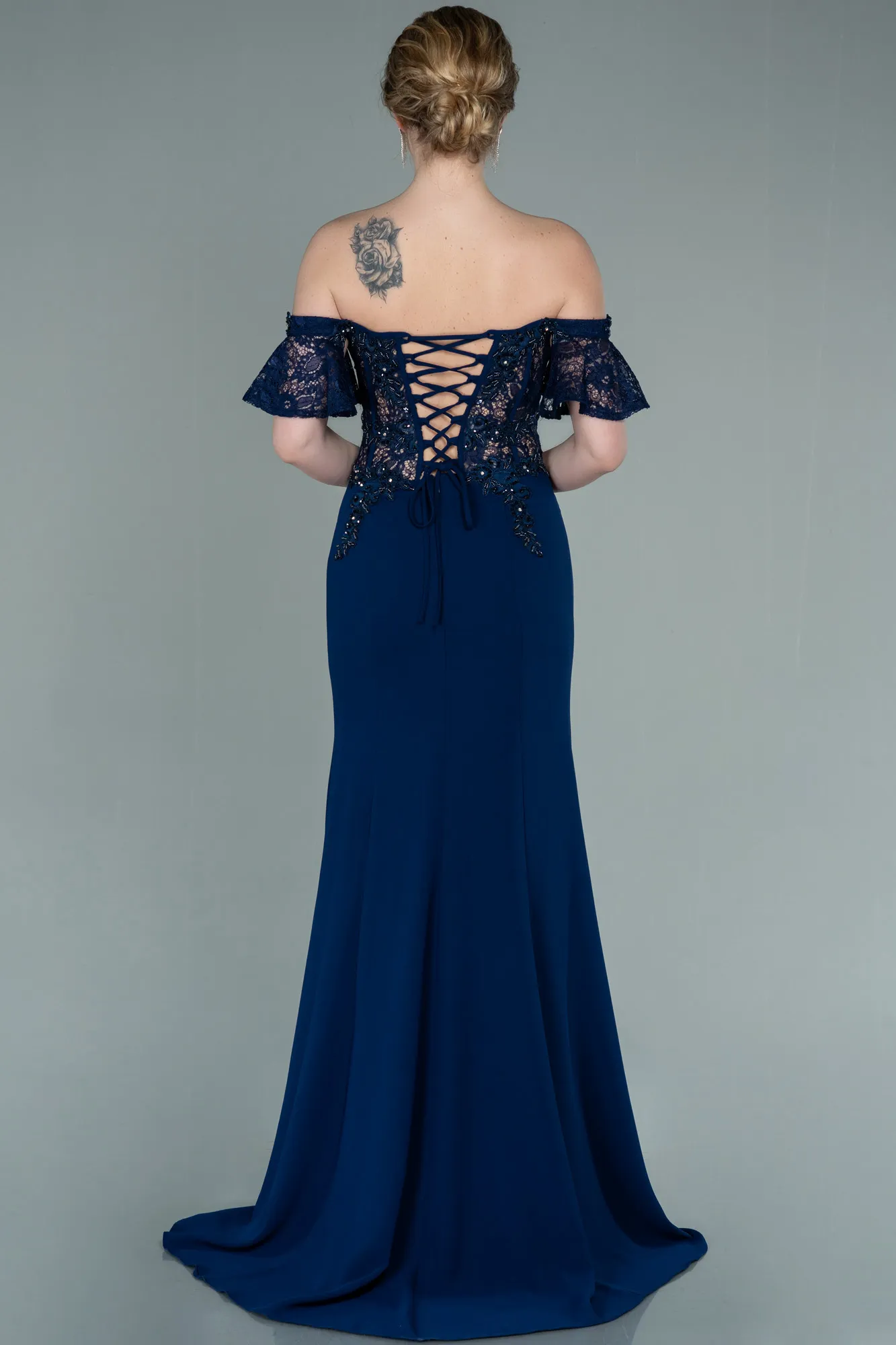 Navy Blue-Long Dantelle Evening Dress ABU2261