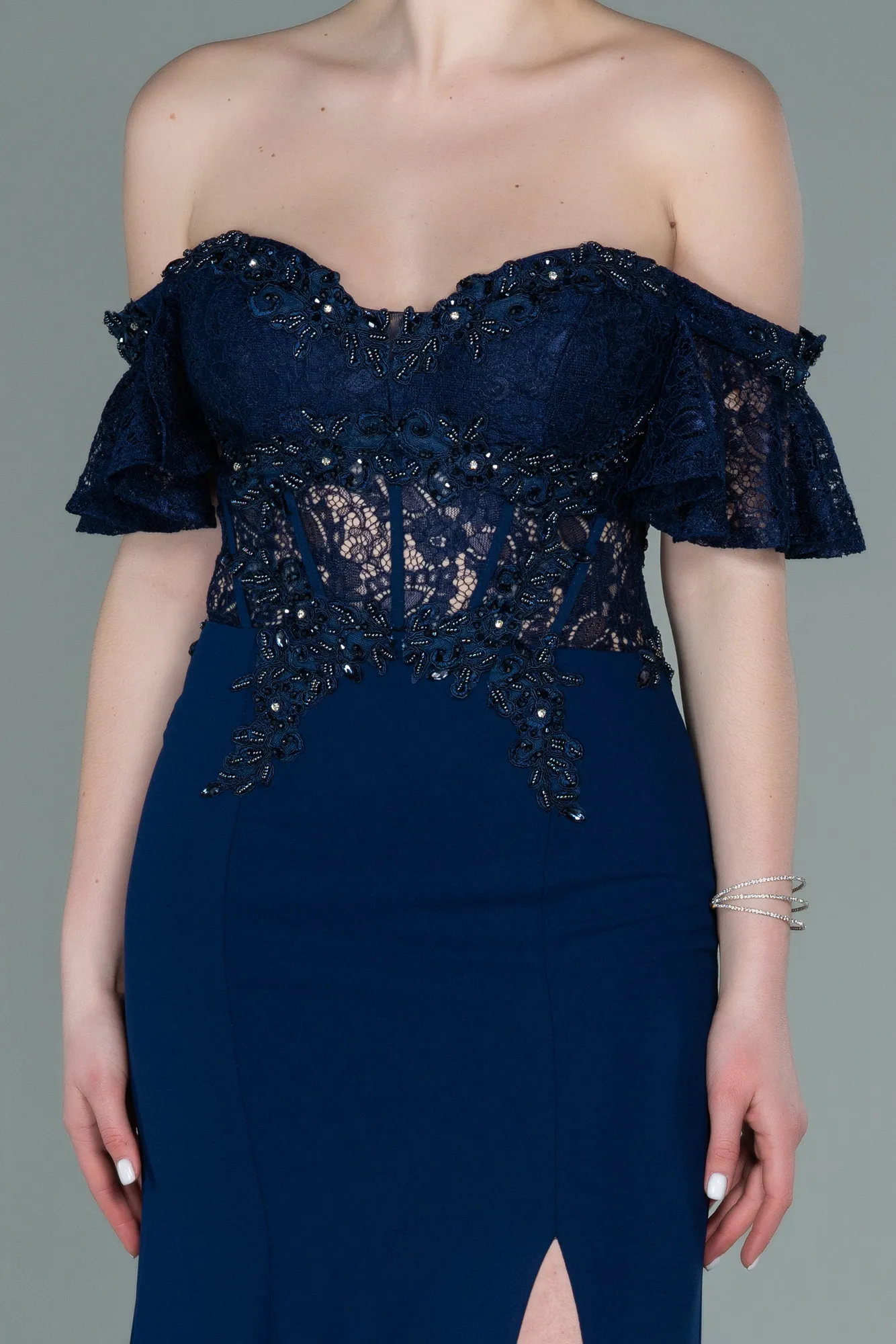 Navy Blue-Long Dantelle Evening Dress ABU2261