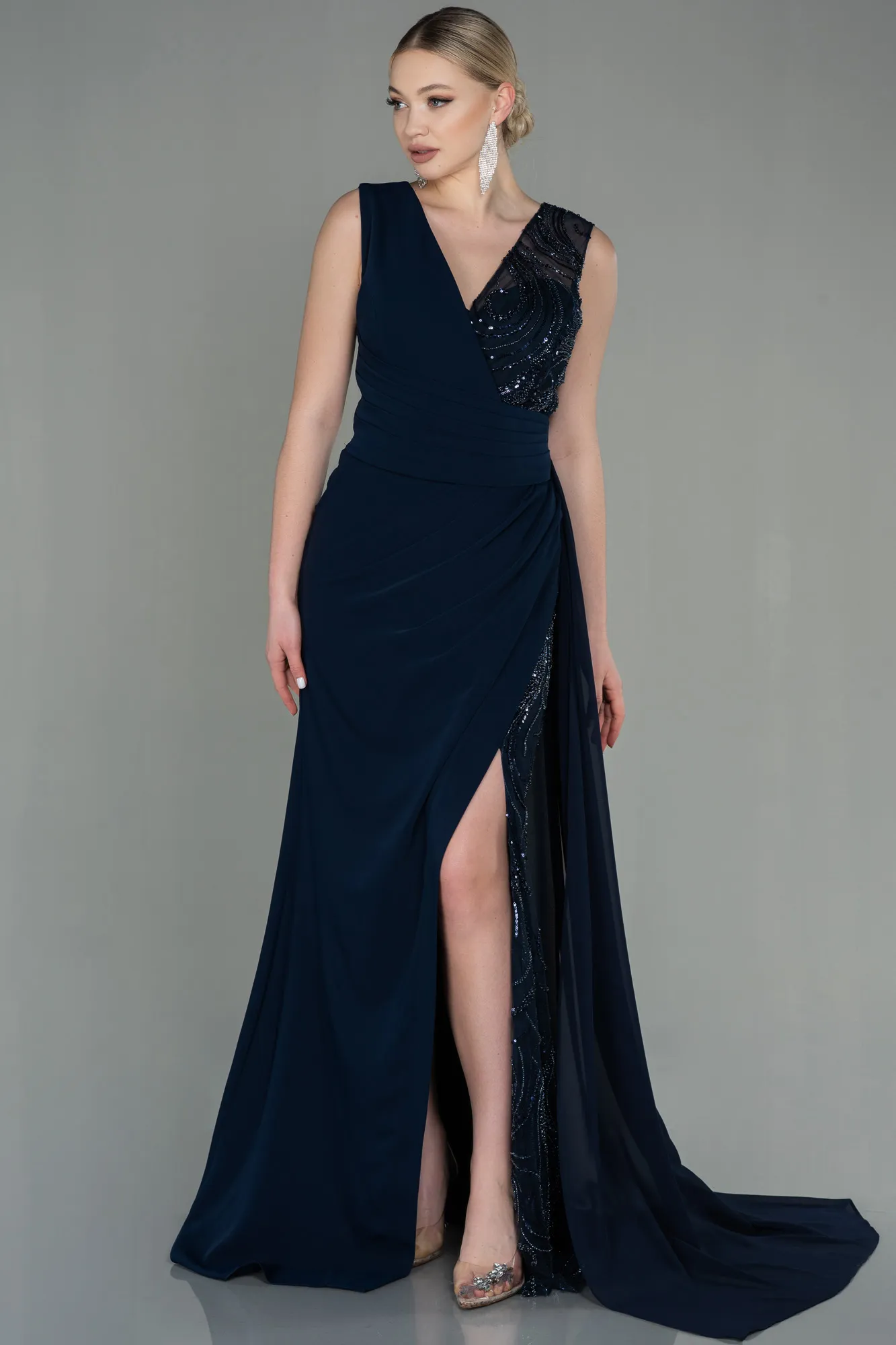 Navy Blue-Long Dantelle Evening Dress ABU2951