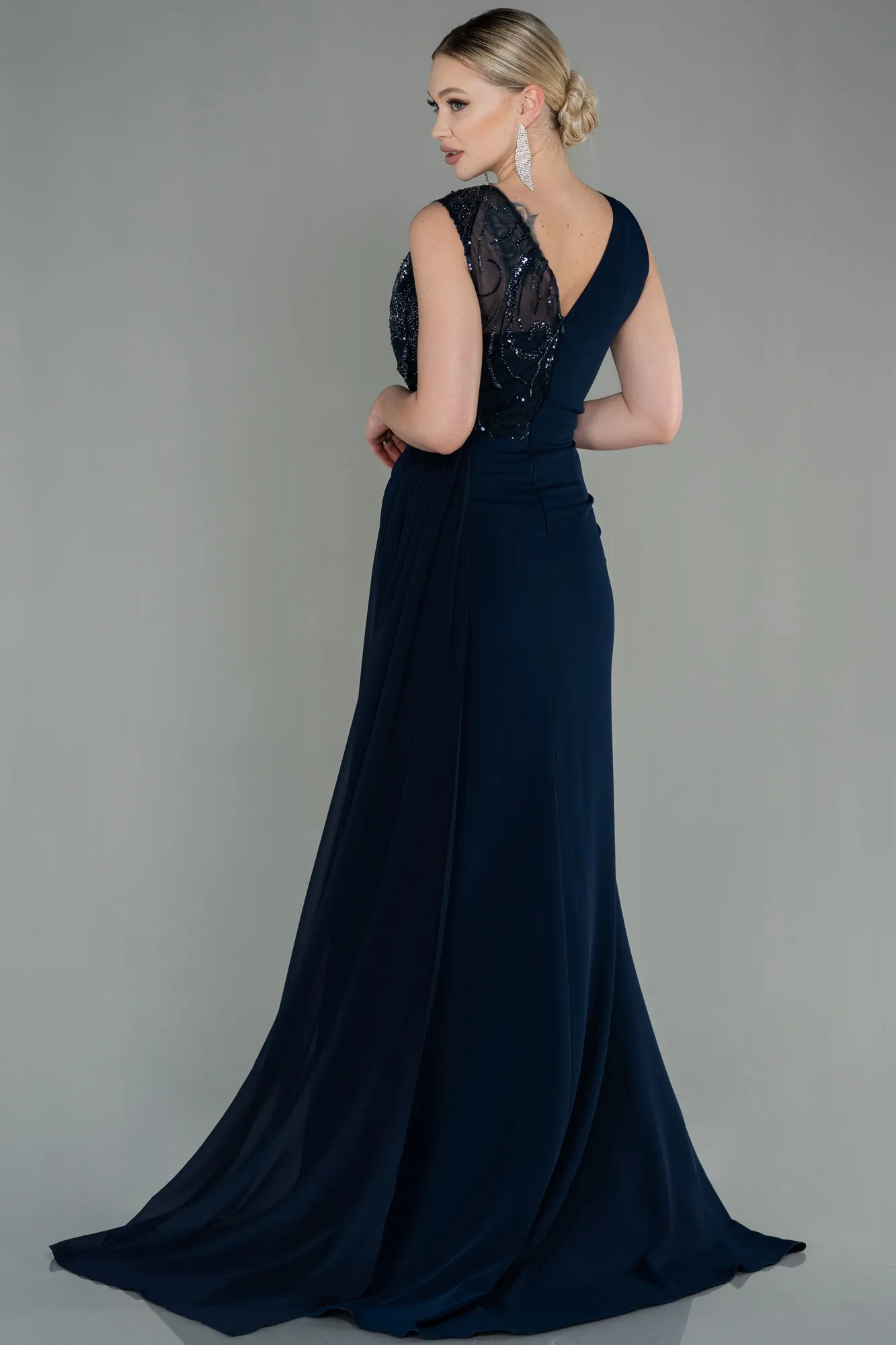 Navy Blue-Long Dantelle Evening Dress ABU2951