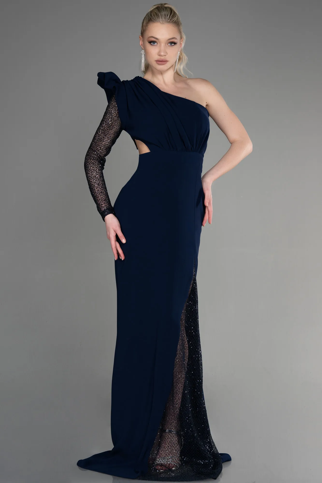 Navy Blue-Long Dantelle Haute Couture Dress ABU3642