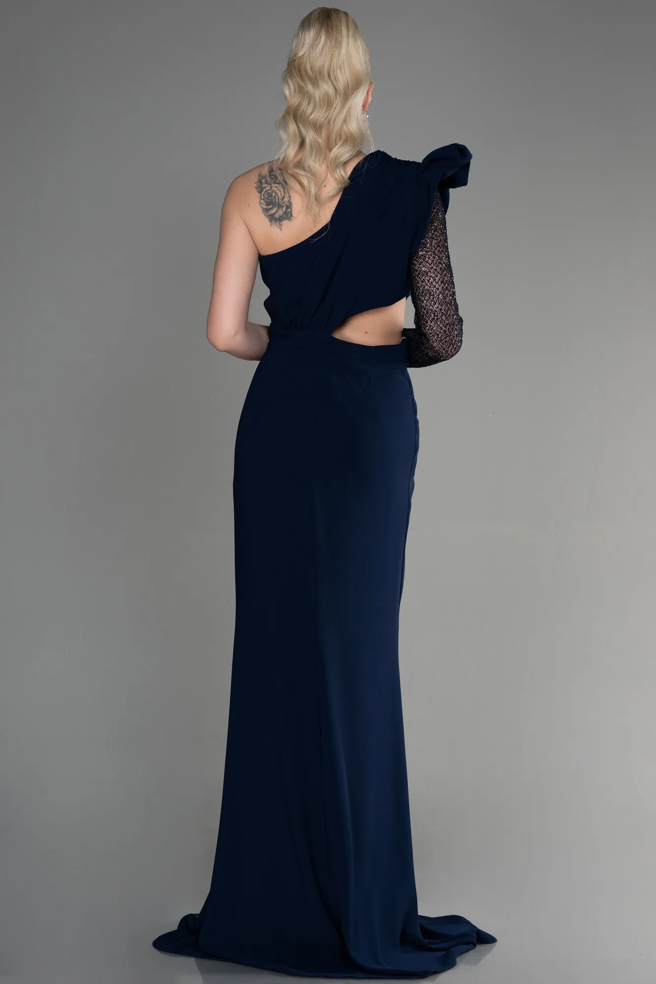 Navy Blue-Long Dantelle Haute Couture Dress ABU3642