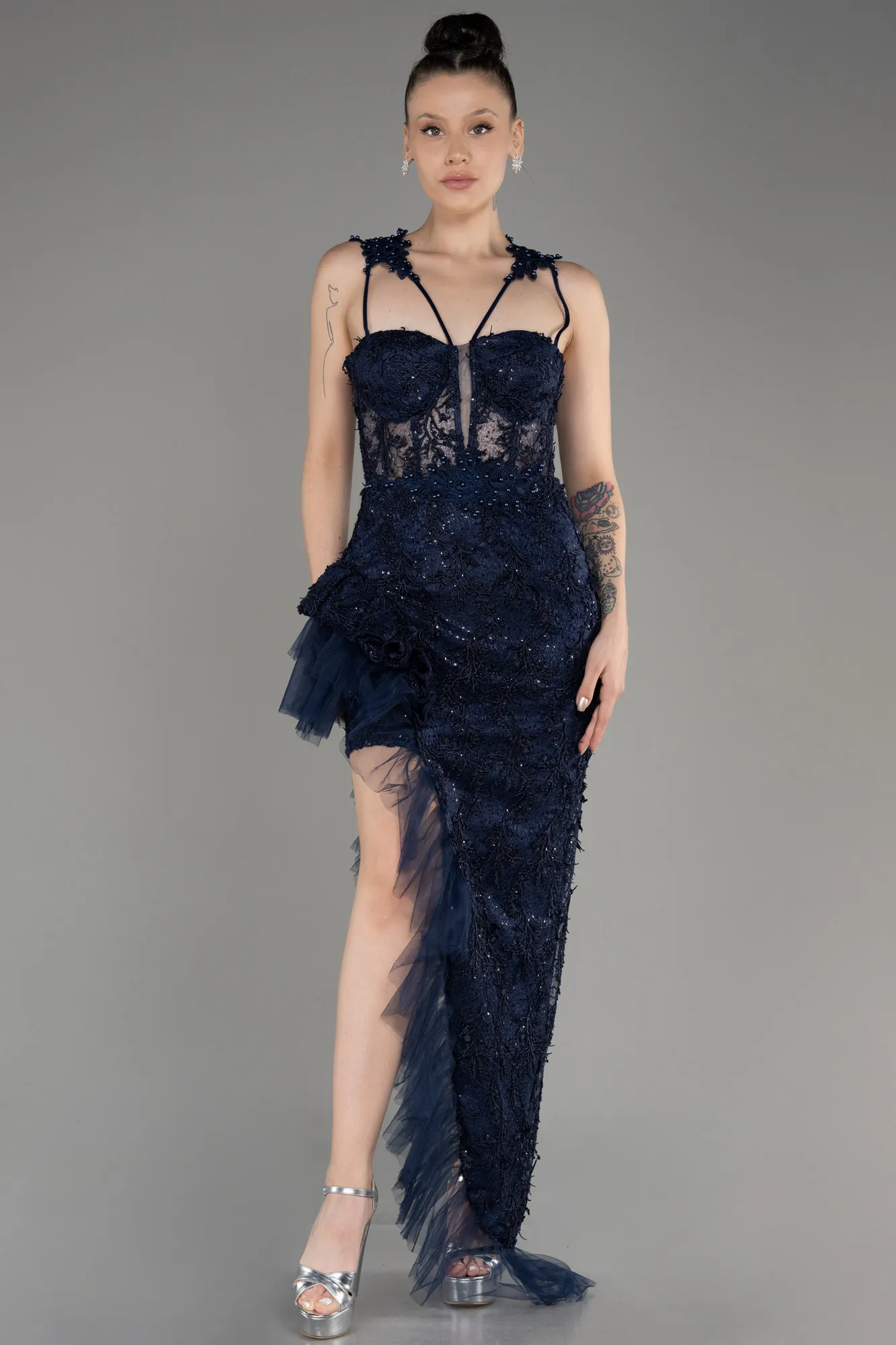 Navy Blue-Long Laced Evening Dress ABU4095