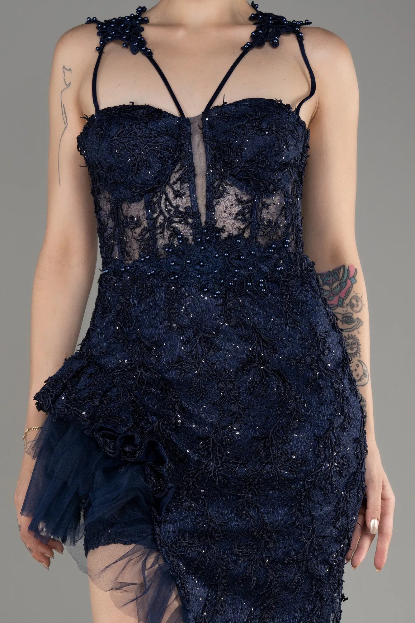 Navy Blue-Long Laced Evening Dress ABU4095